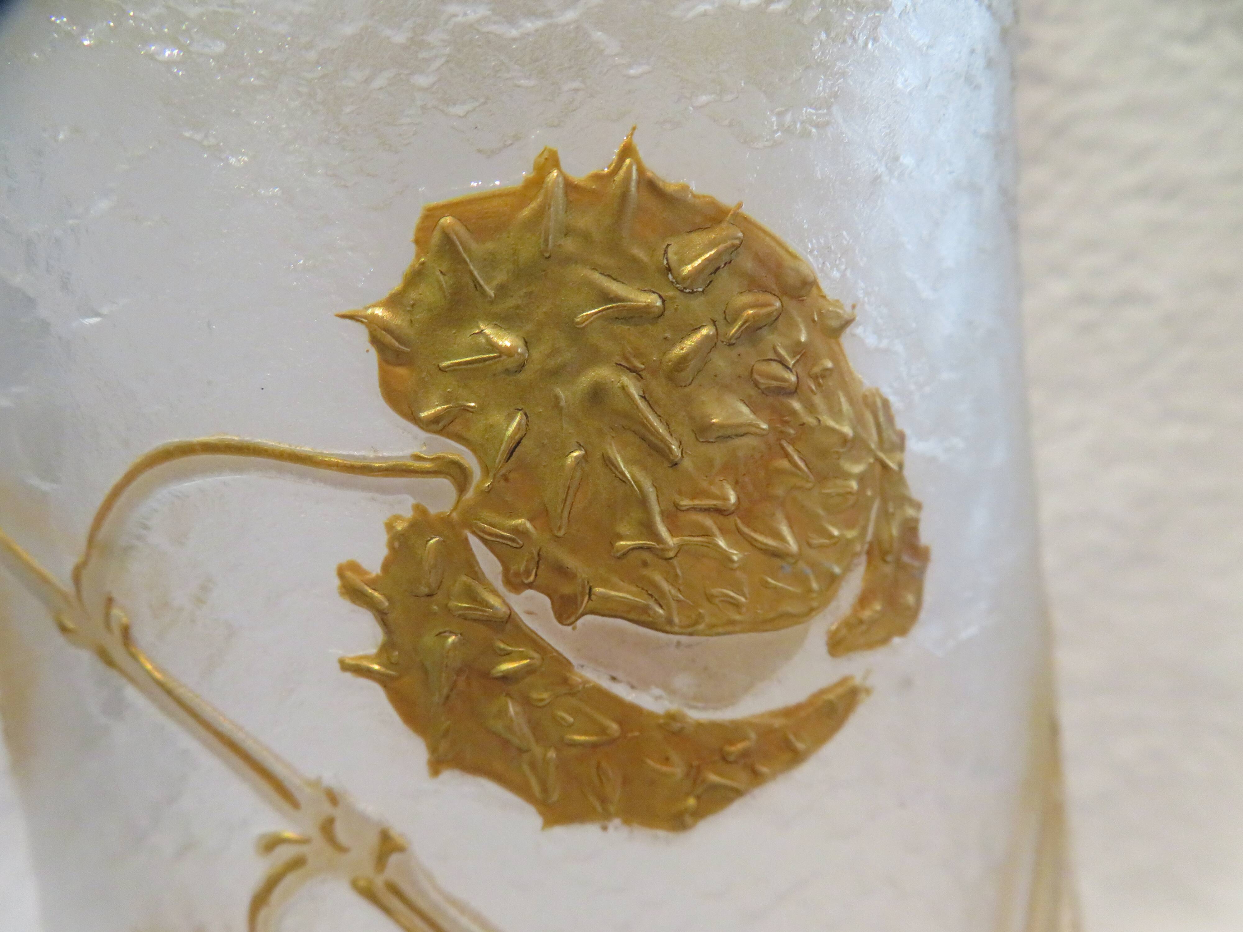 Beautiful acid-etched glass vase from Legras Saint Denis with chestnut tree decoration