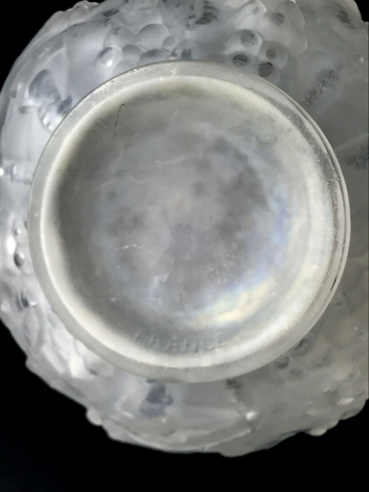 Pressed molded glass ball vase decorated with grape bunches