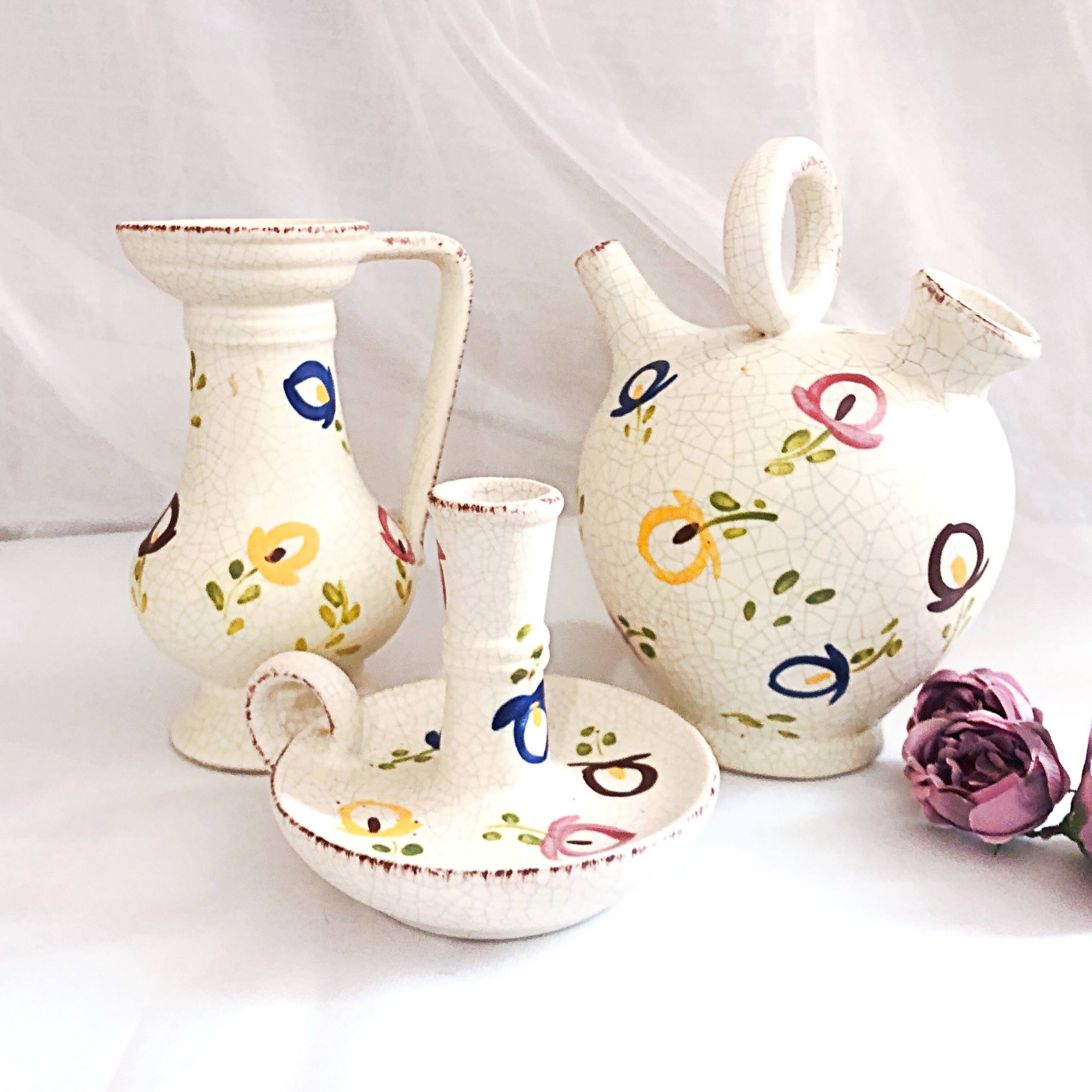 Carafe, gargoulette and candlestick artisanal pottery by Angèle de Poët-Laval