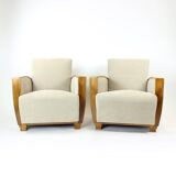 Set Of Two Art Deco Armchairs In Walnut And Fabric, Czechoslovakia 1930s