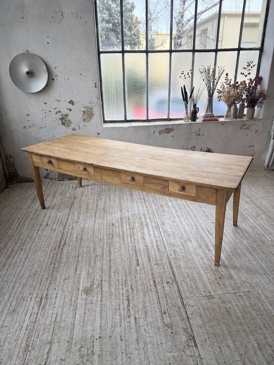 Pine and oak farmhouse table with multiple drawers, communal type, 240cm.