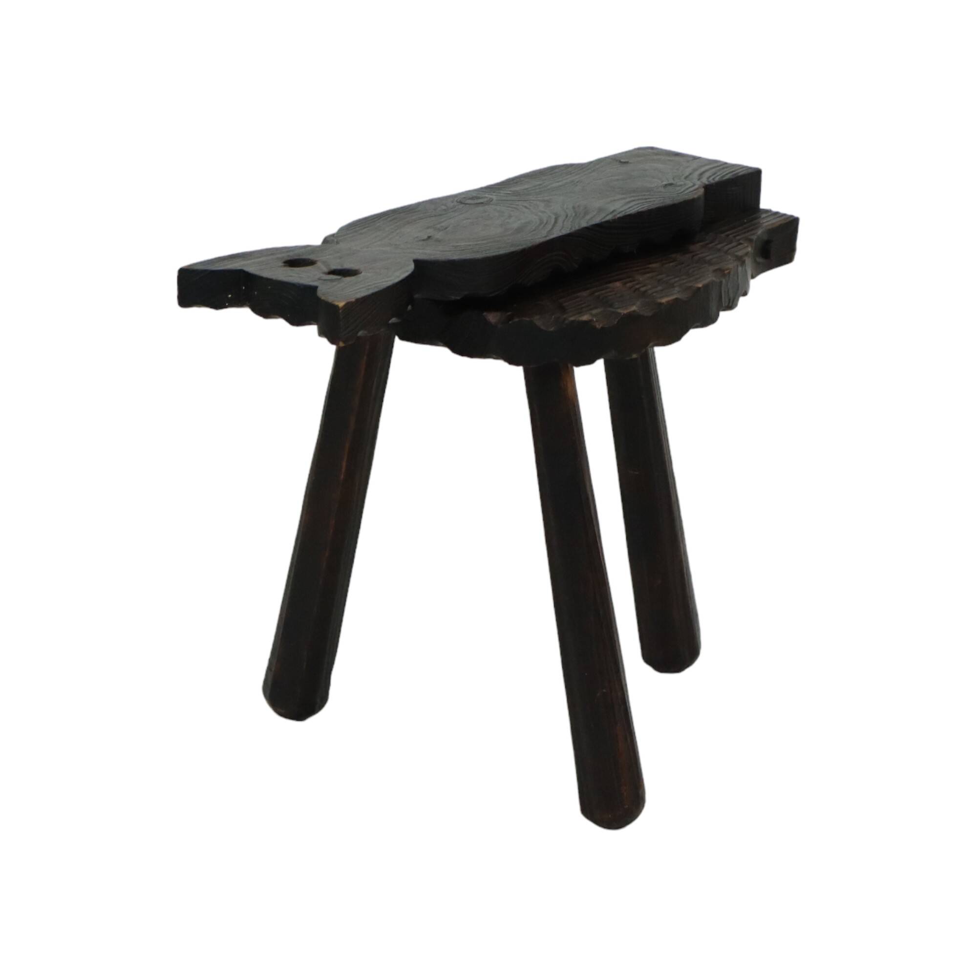 Authentic Spanish Brutalist Chair Tripod Cat Shape Solid Wood
