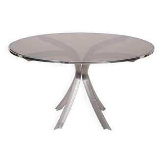 Table à manger en verre fumé et inox Xavier Feal, 1970s