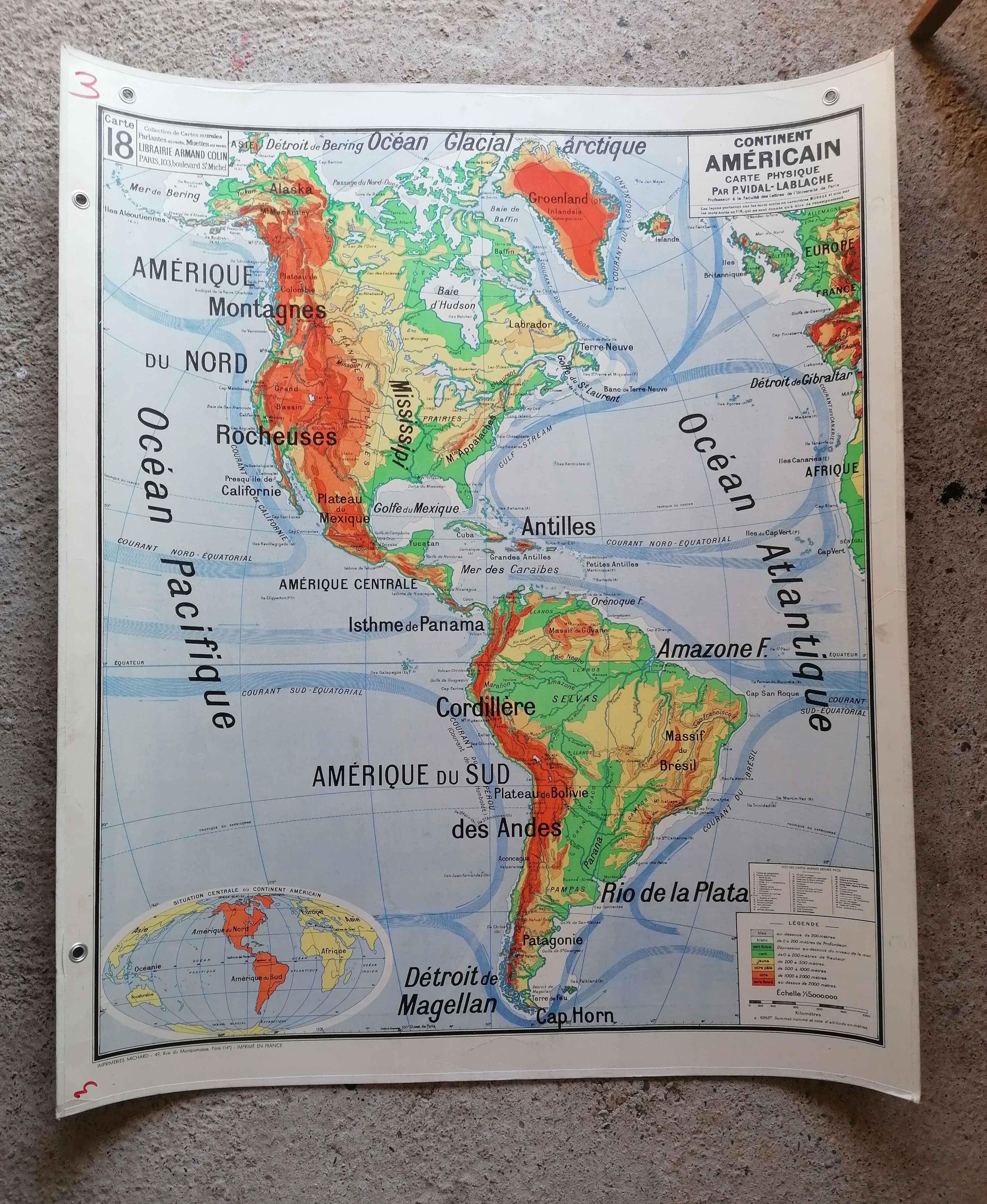 Old physical map American continent Vidal-Lablache