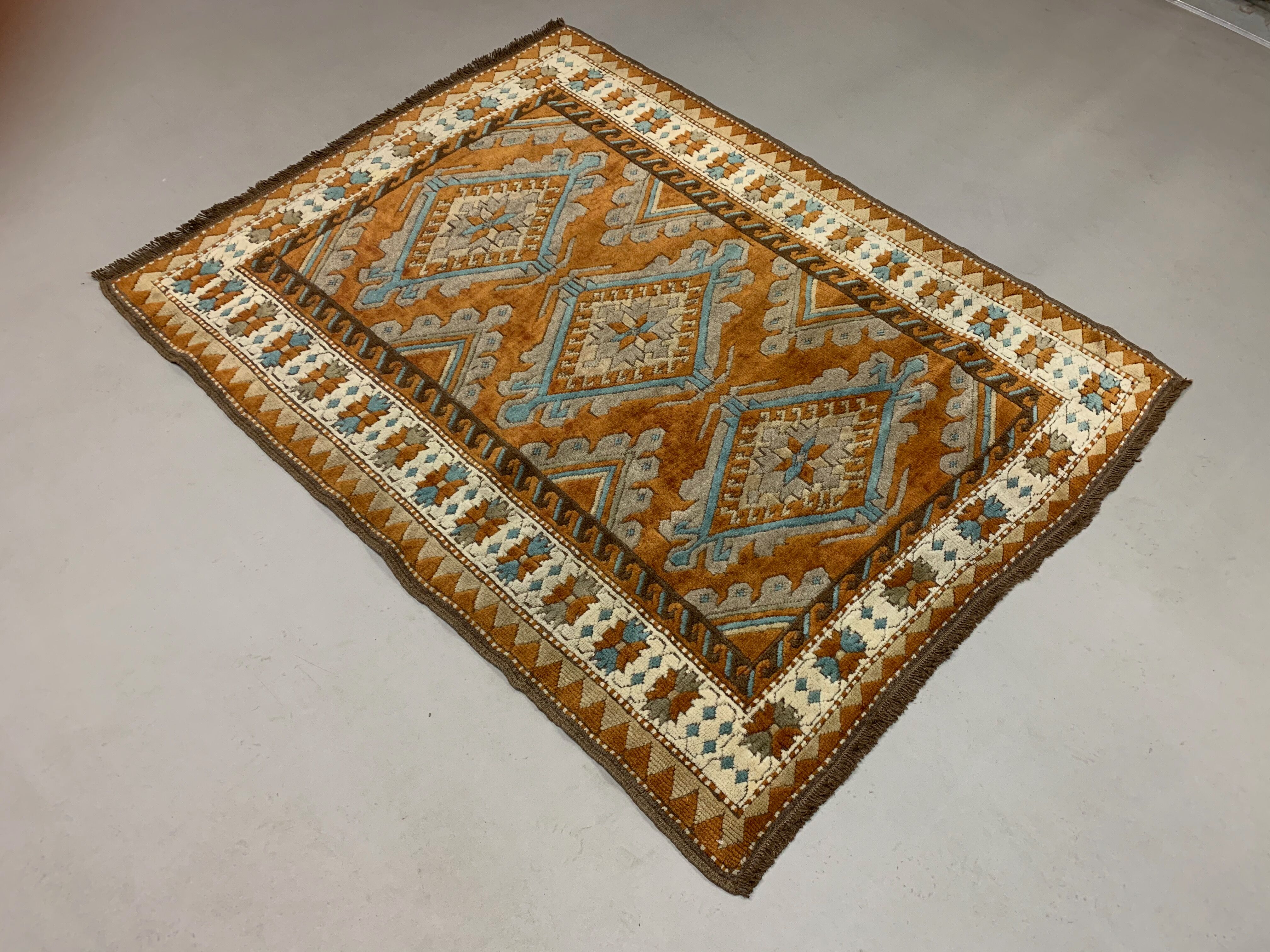 Old Turkish Rug 158x125 cm Vintage Oriental Rare Carpet Blue Brown Beige