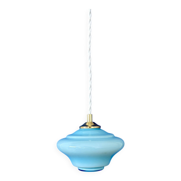 Suspension globe vintage en opaline bleue