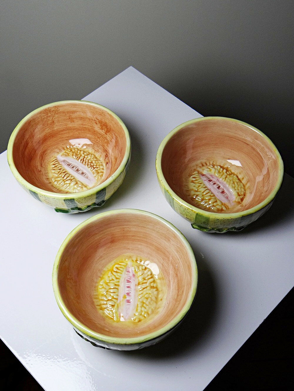 3 earthenware bowls with melon decoration, vintage 1980s.