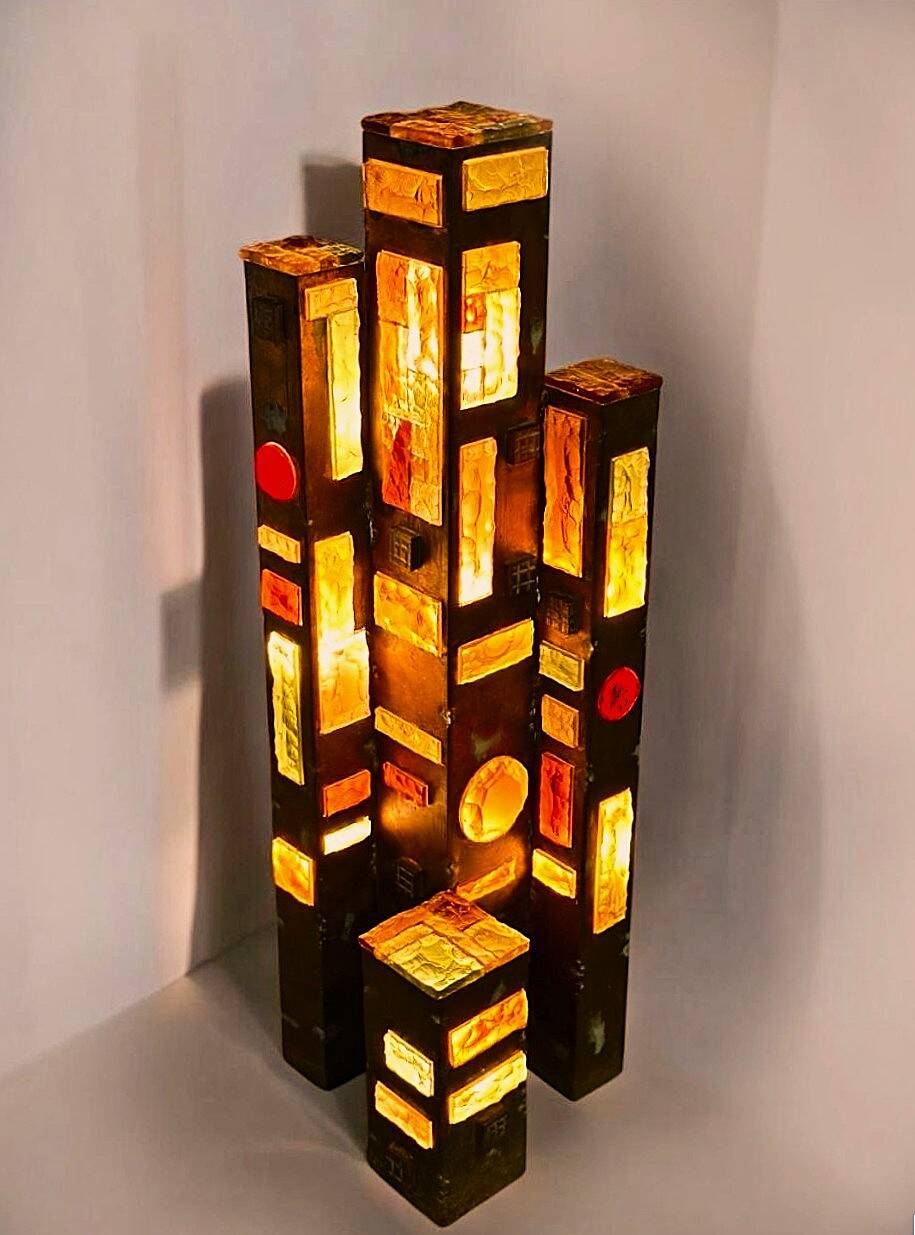 1970s Longobard Floor Lamp – Hammered Glass & Wrought Iron, Italy