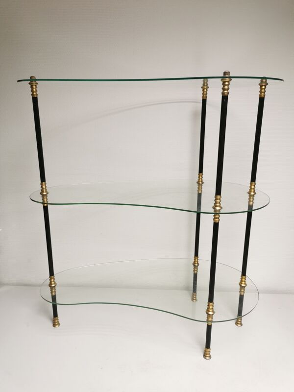 Présentoir vintage 1950 /  1960, table rognon d appoint , étagères en verre