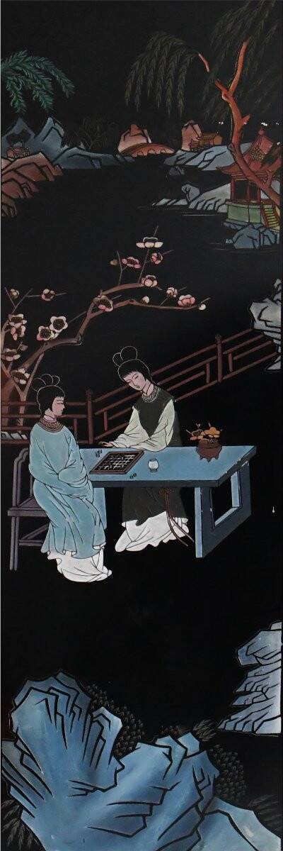 Four-panel lacquered wooden screen with Coromandel decoration.