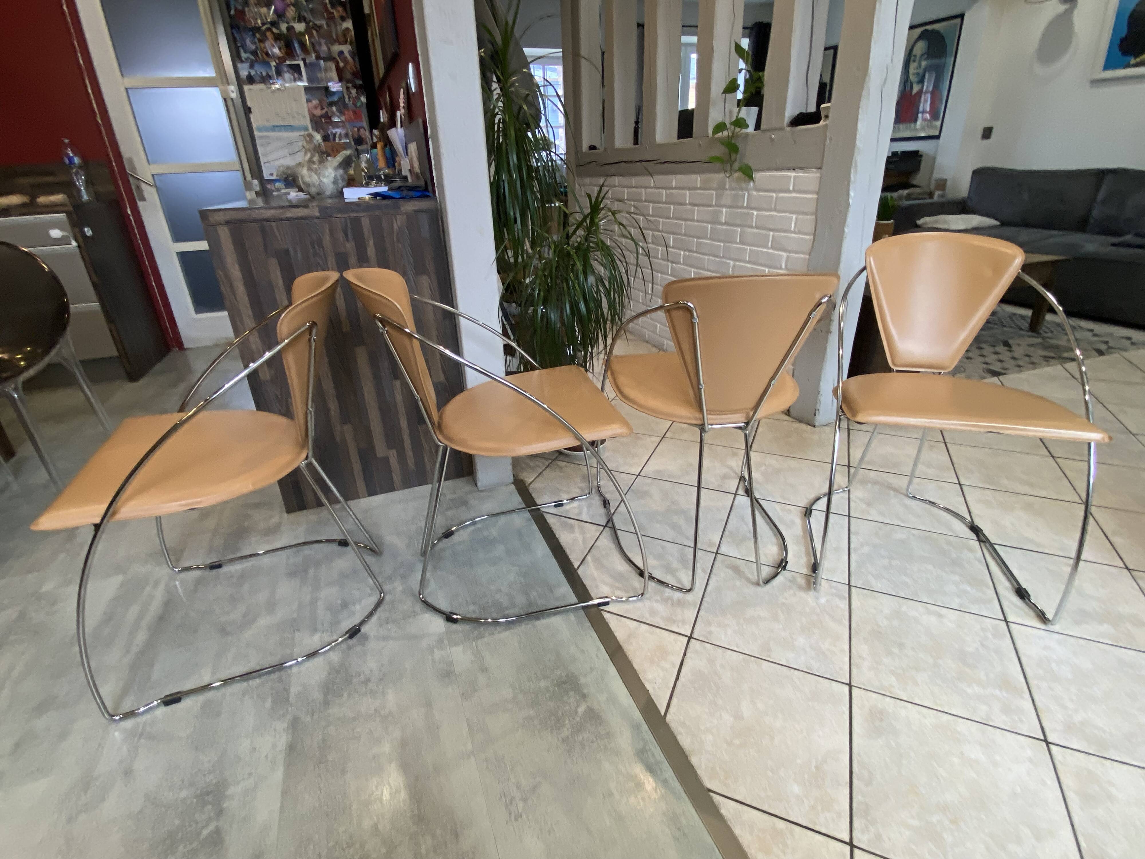 Set of 4 Linda armchairs by Arrben in camel leather with a chrome frame.