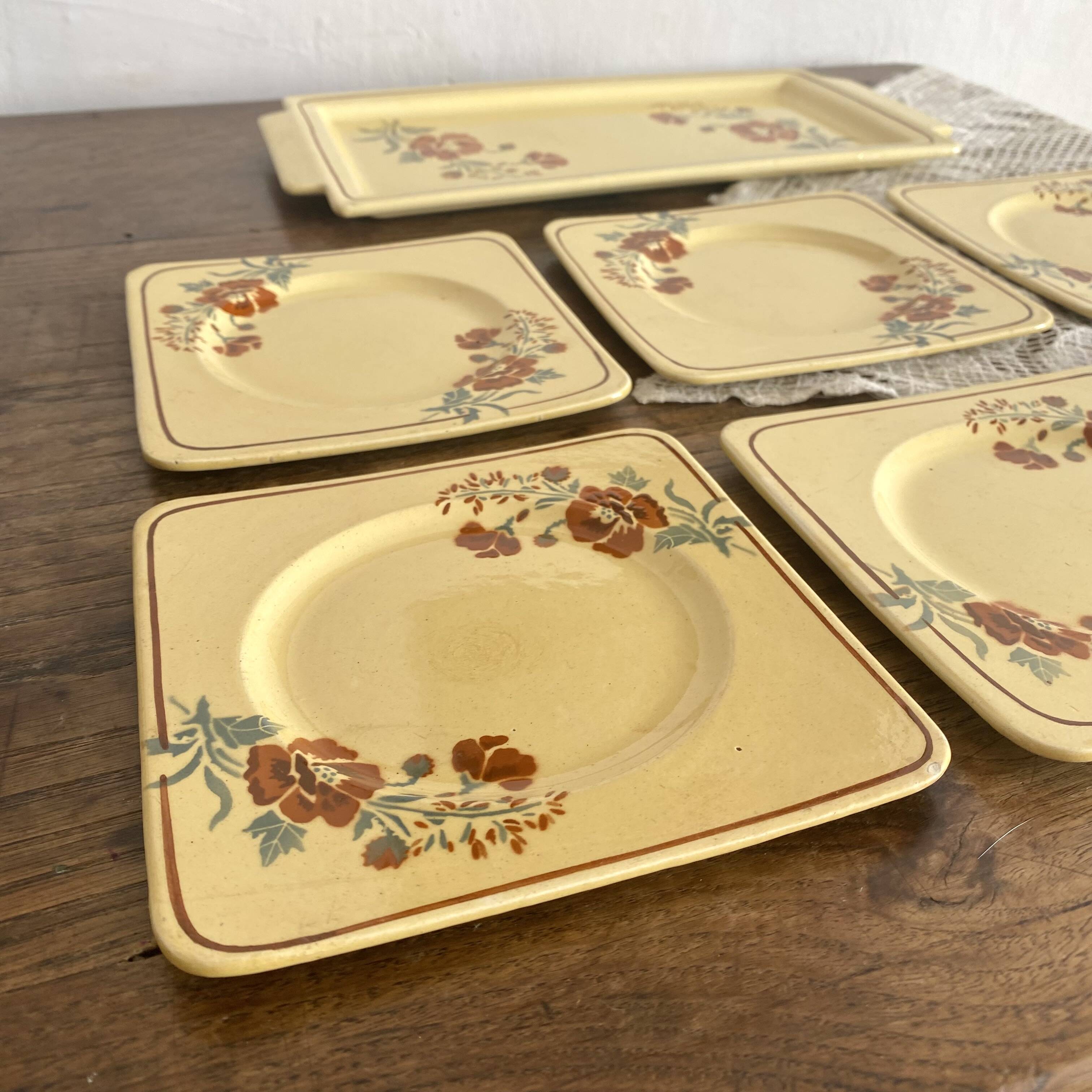 Square dessert plates and cake dish, Pexonne, 1940s-1950s