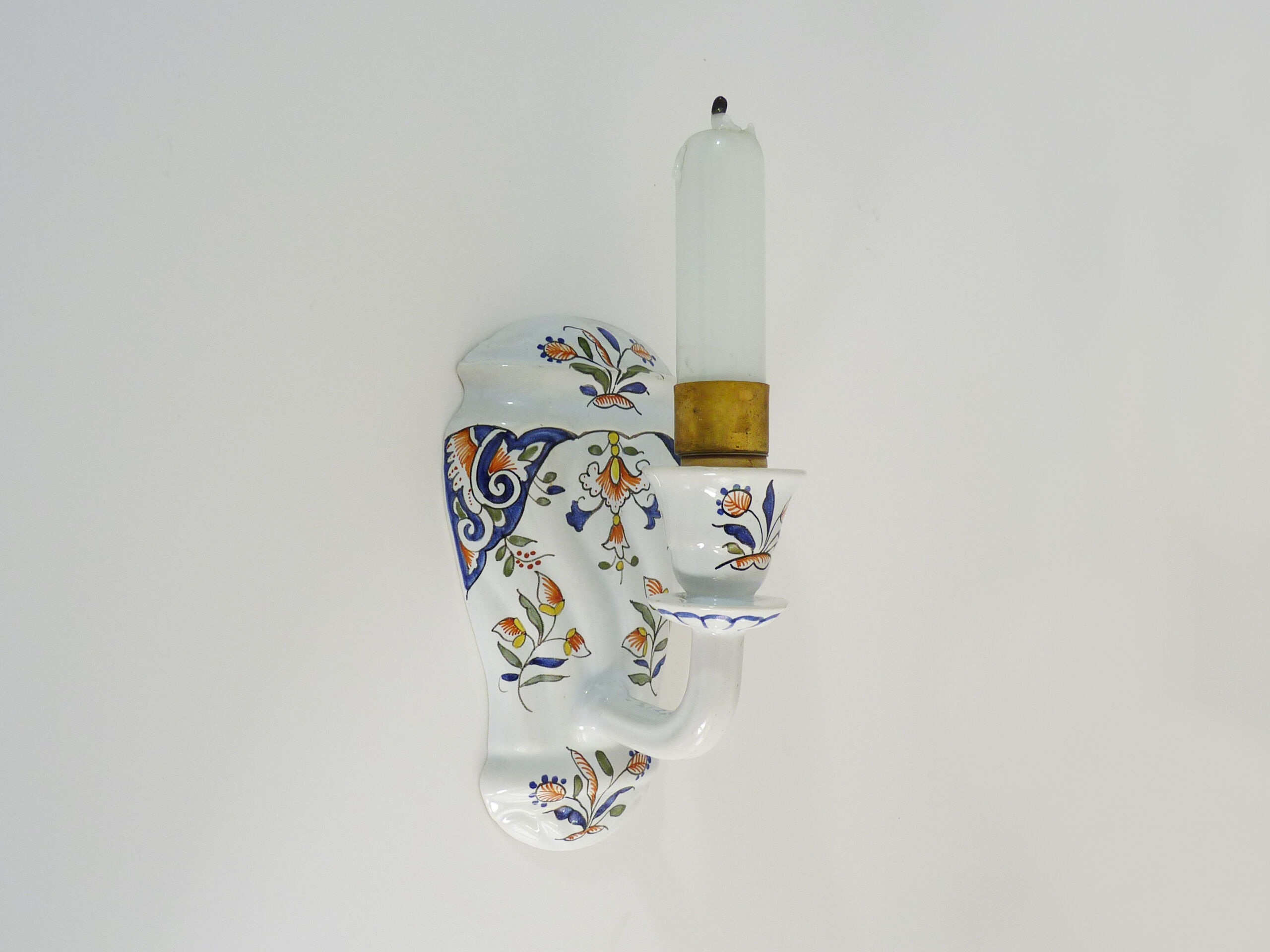 Vintage wall applique in Rouen style earthenware, glass candle
