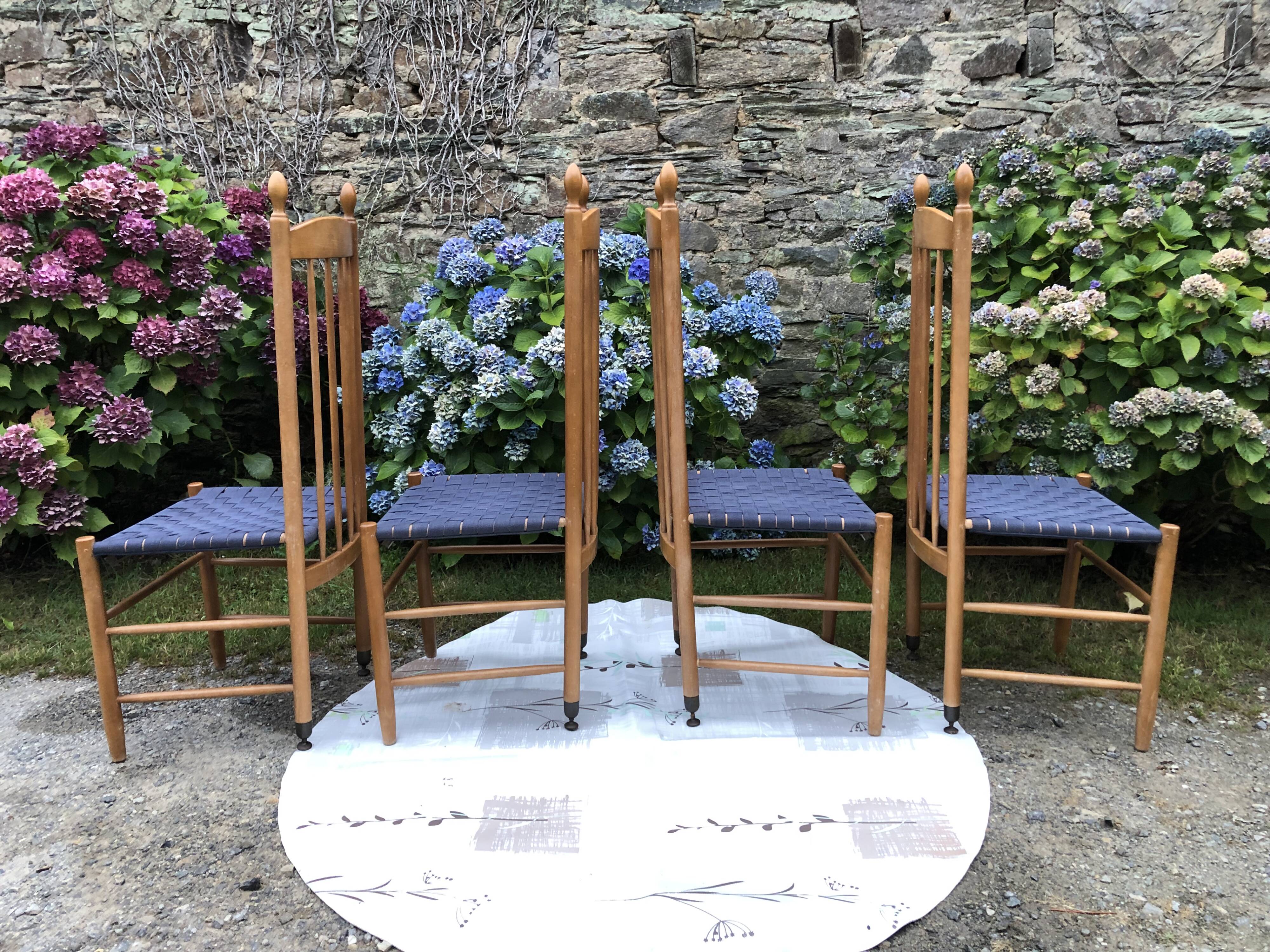 4 vintage Roche Bobois chairs from the 80s in beech with woven seats in blue fabric.