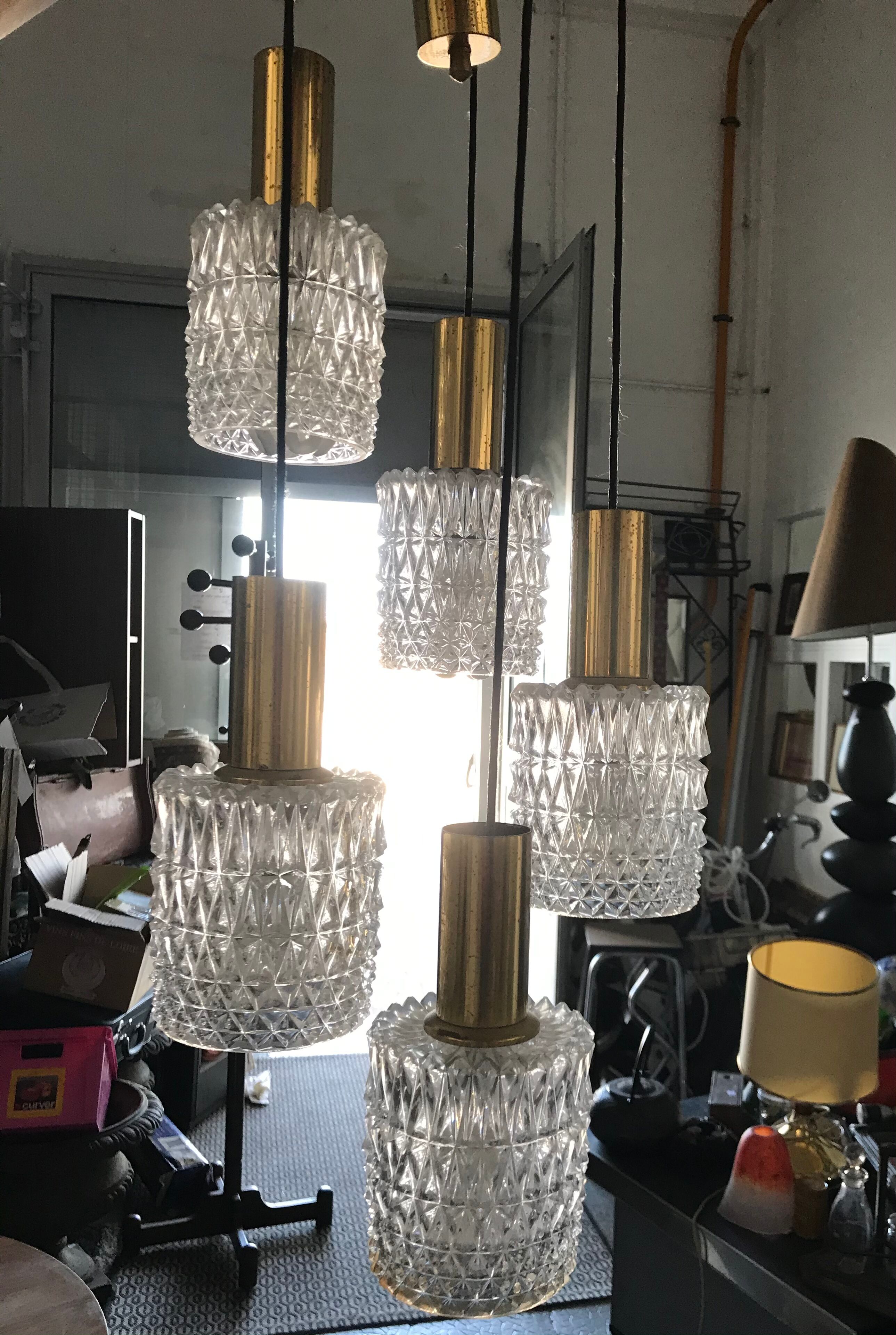 Brass chandelier and moulded glass 1960