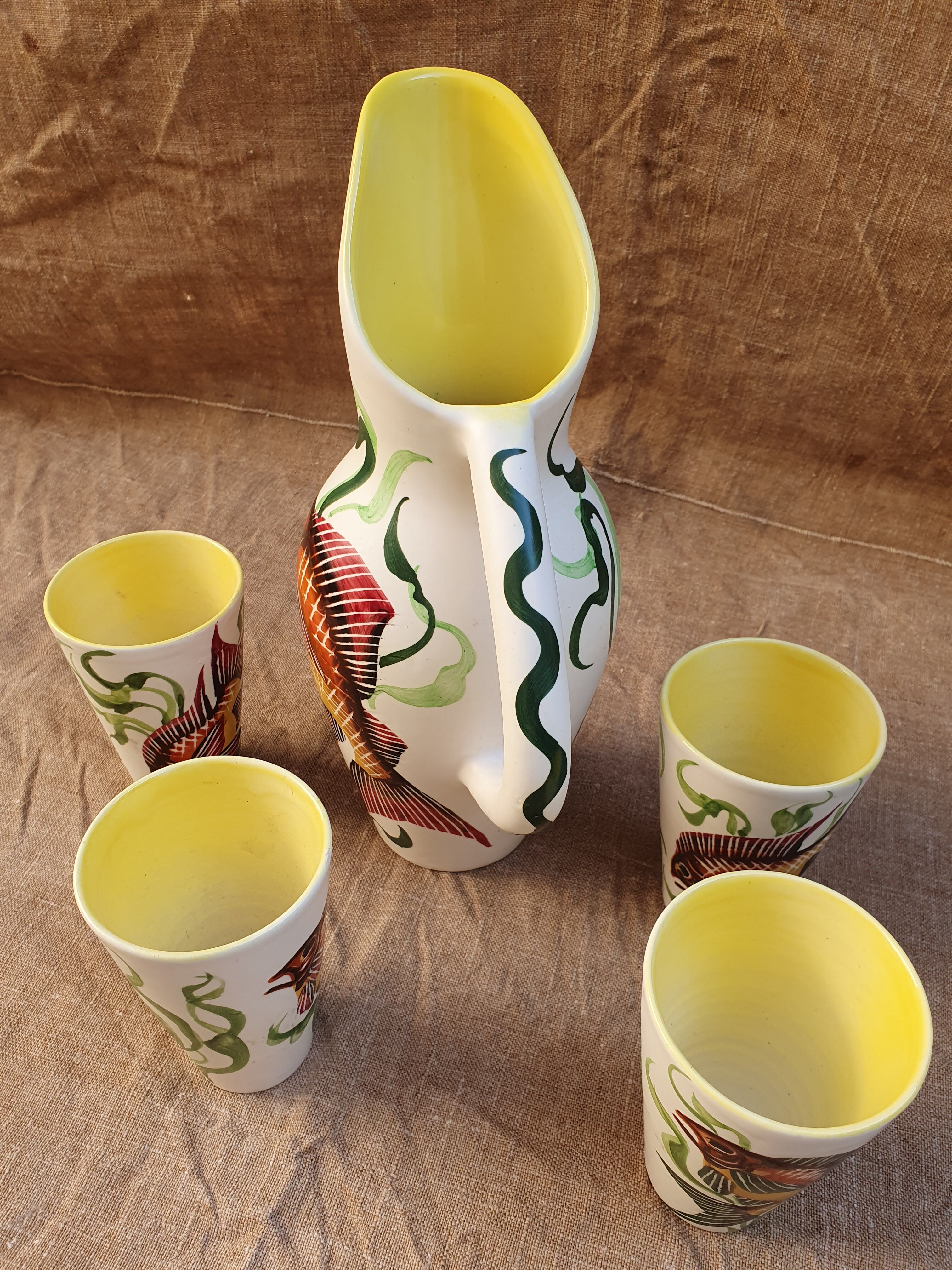 Pitcher and its 4 Vallauris goblets