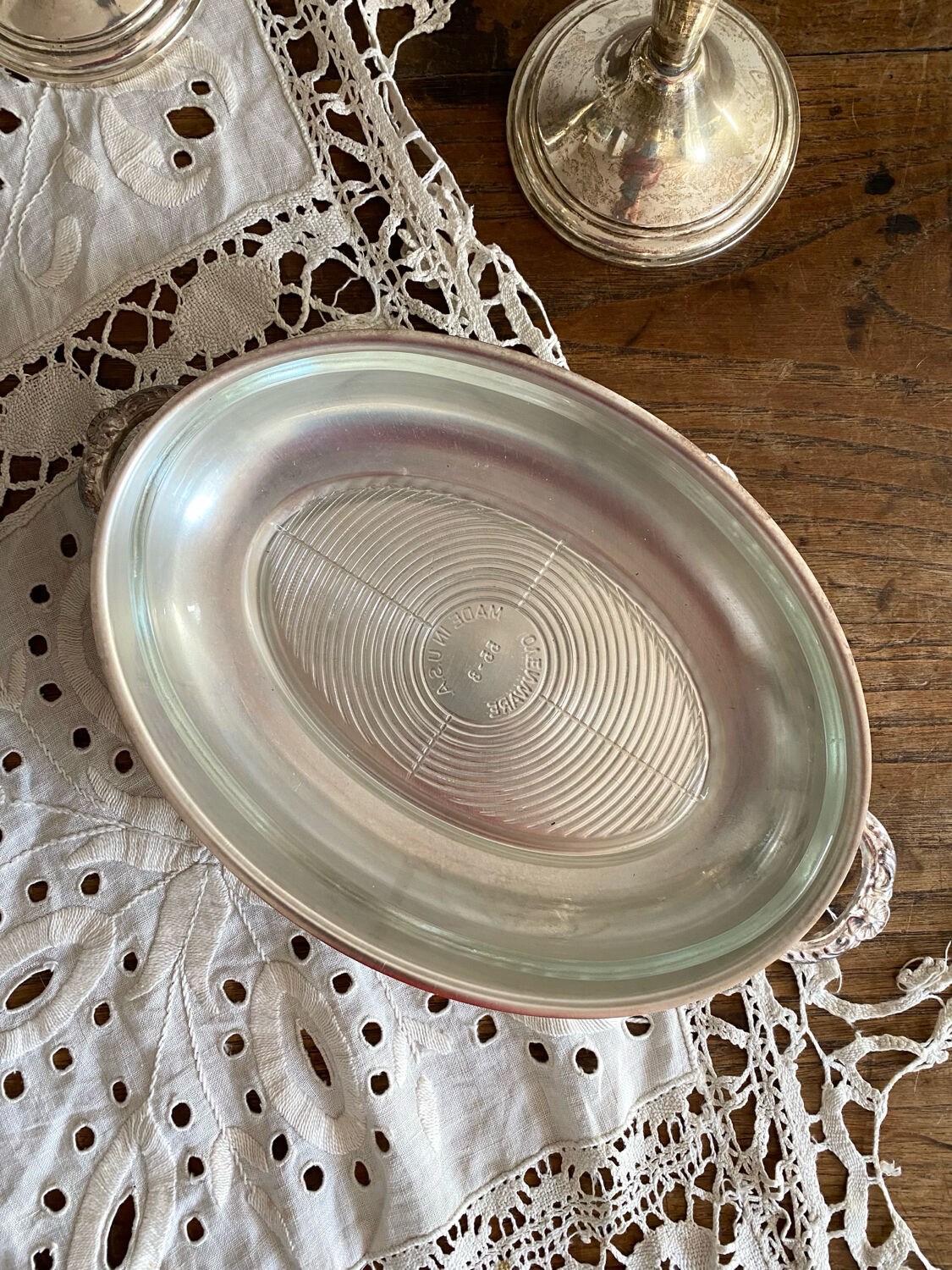 Oval silver-plated metal and glass dish