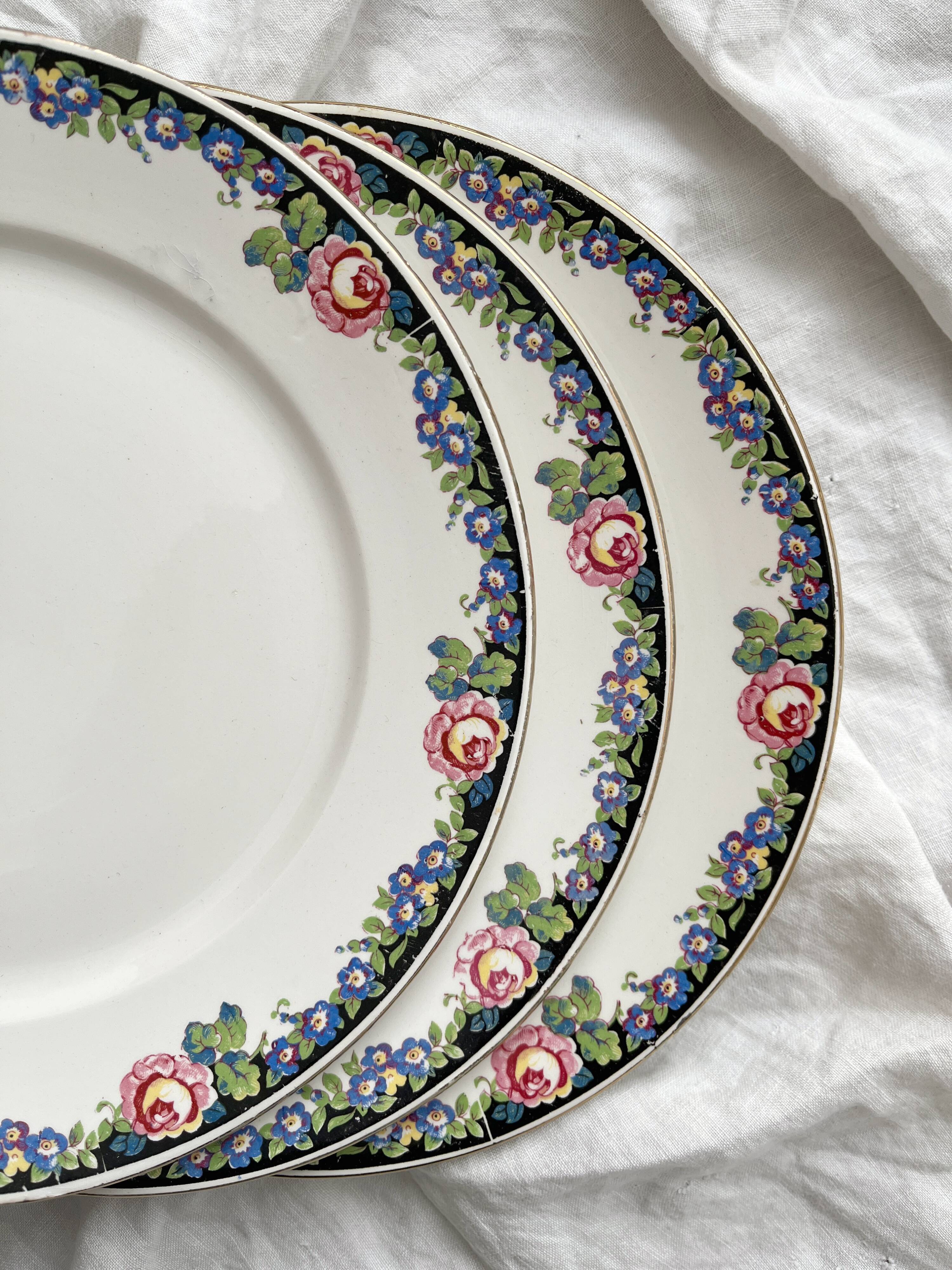 3 vintage black floral frieze dessert plates from Digoin and Sarreguemines