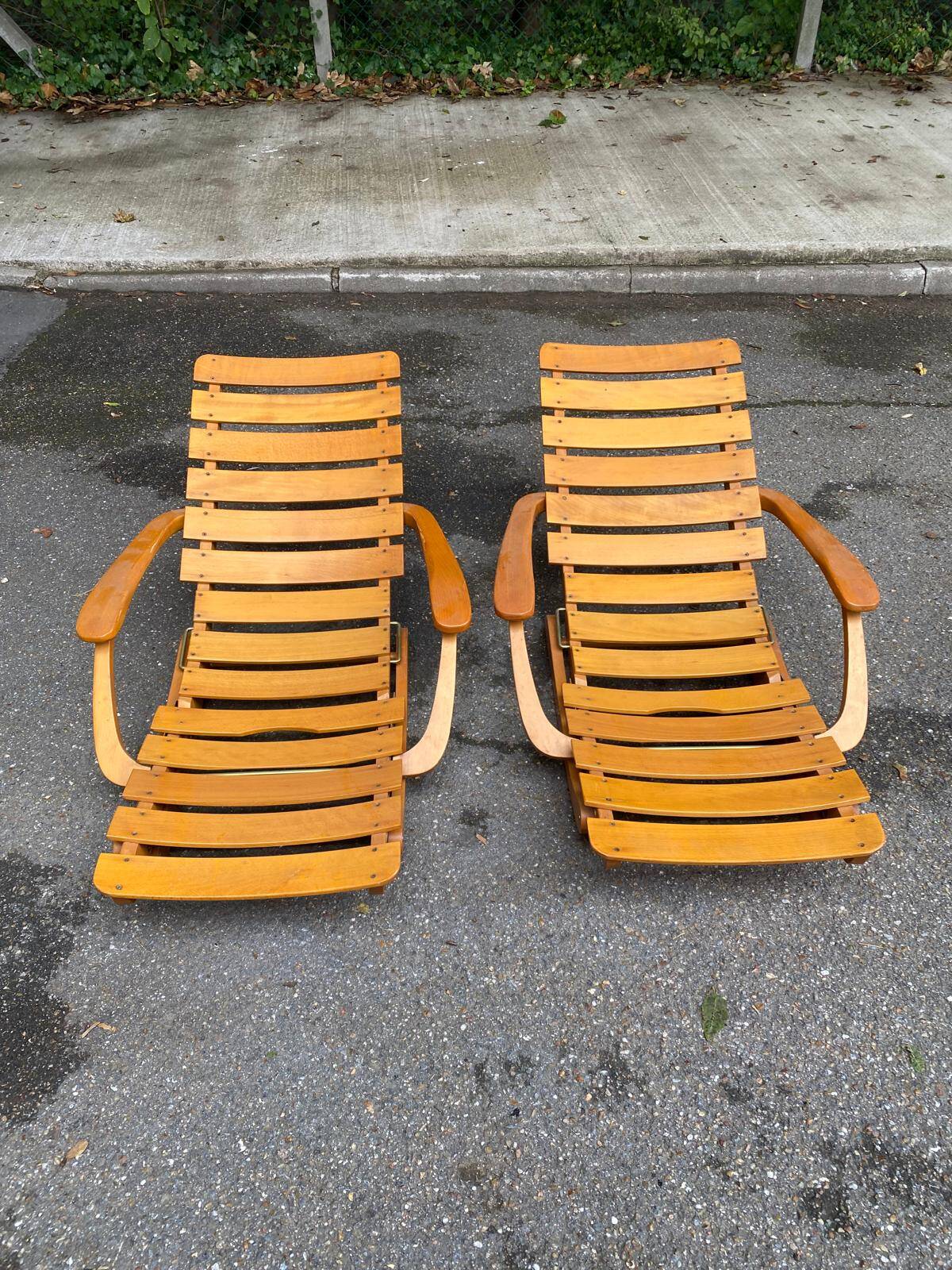 Pair of Clairitex France 1970 solid wood lounge chairs