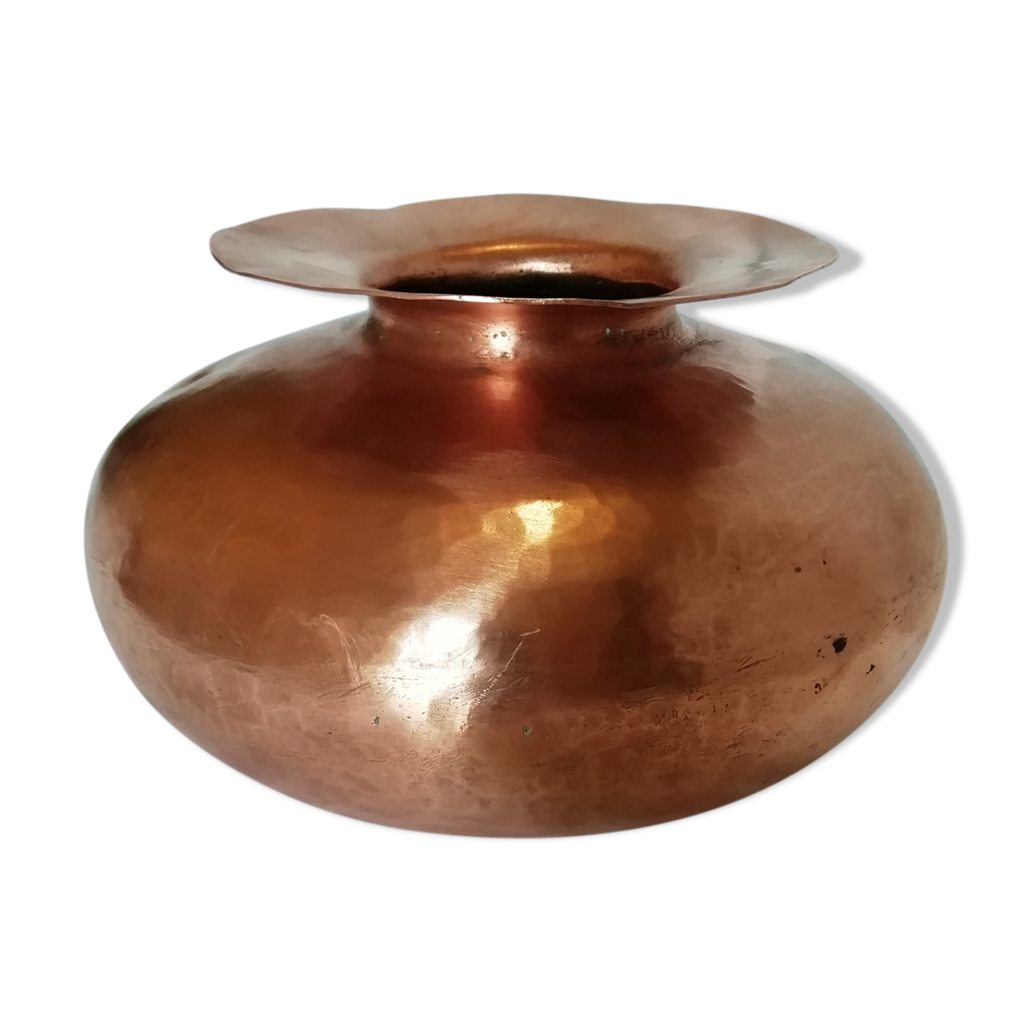 Ball vase with flared hammered copper collar