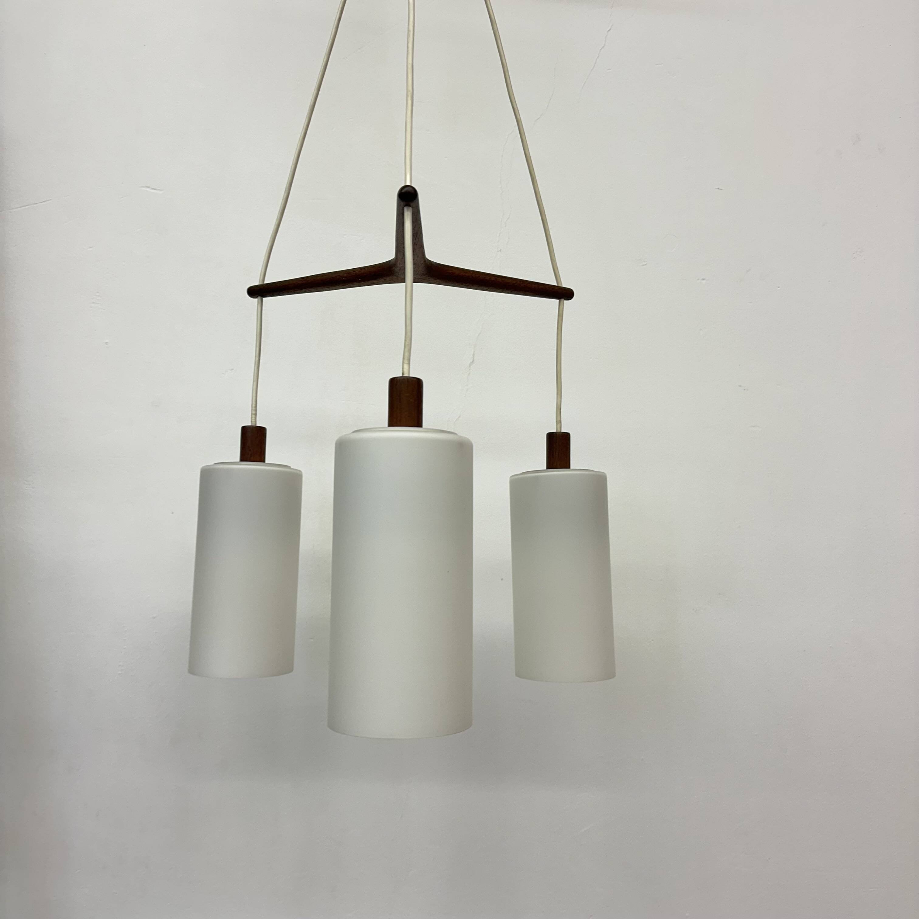 Mid-century design pendant lamp teak and opaline glass , 1970s