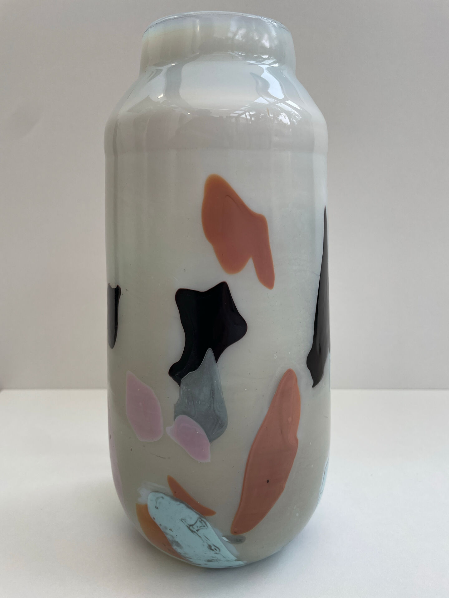 Blown opaline glass vase with coloured inclusions