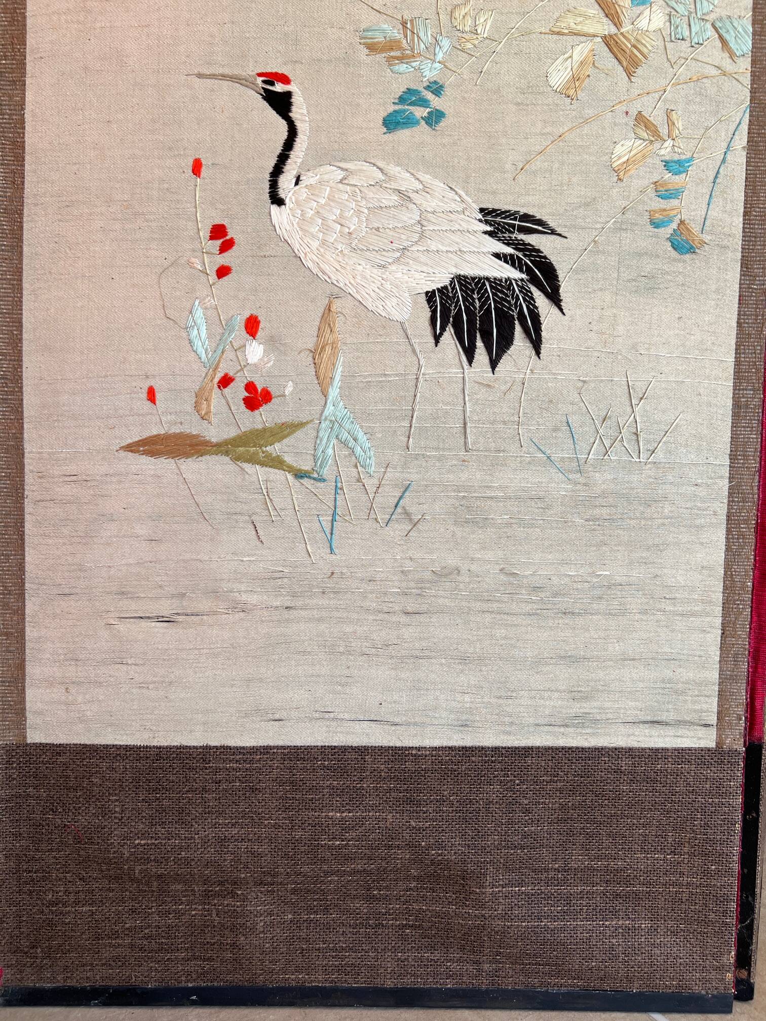 4-panel Japanese screen, 19th century, bird silk embroidery
