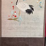 Paravent 4 panneaux japon XIXem, broderie soie oiseau