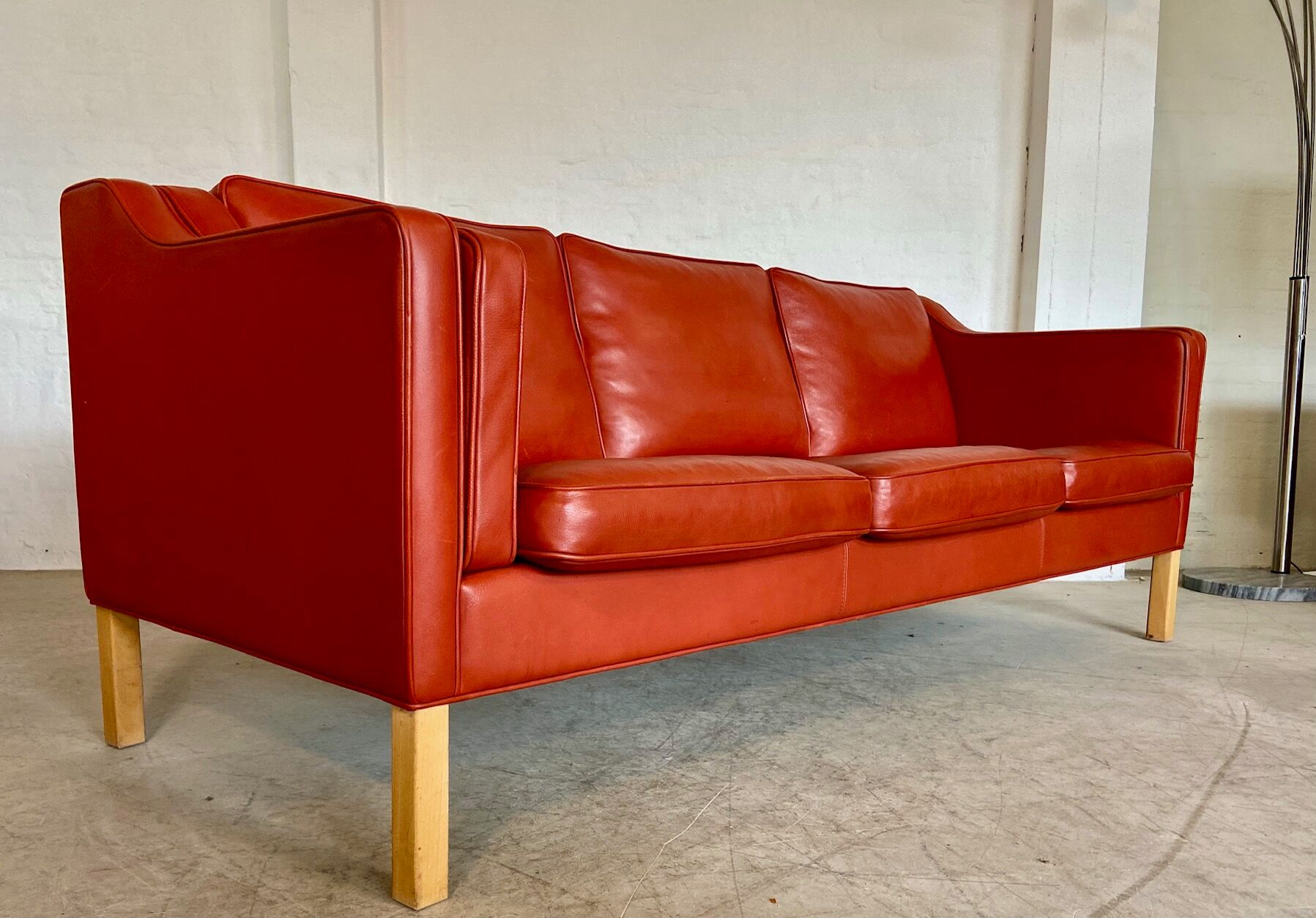Vintage Danish mid-century Mogens Hansen 3 person cognac leather sofa