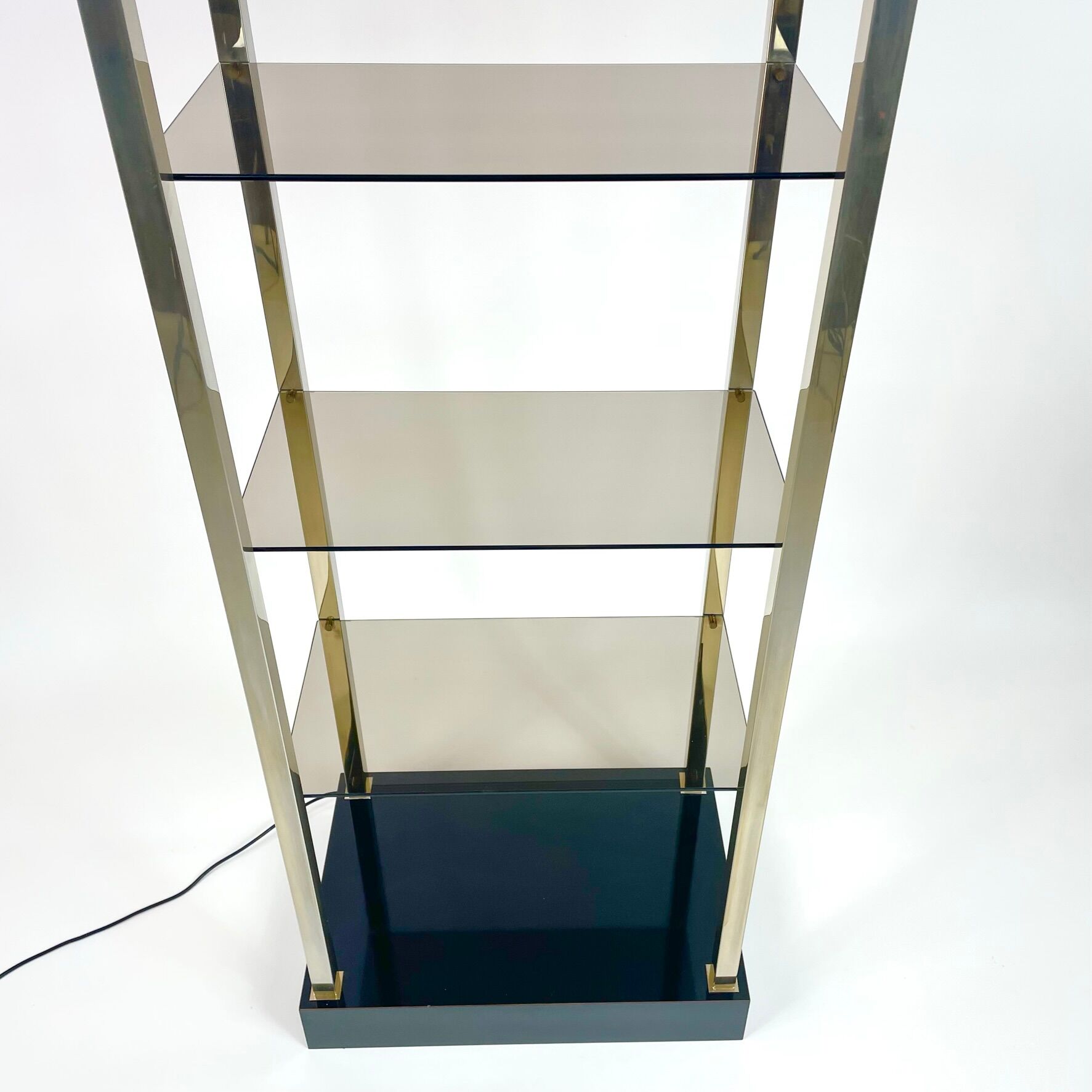 Brass and smoked glass shelf, belgo chrome, 1980