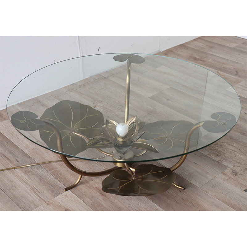 Illuminated vintage coffee table decorated with brass water lilies 1970