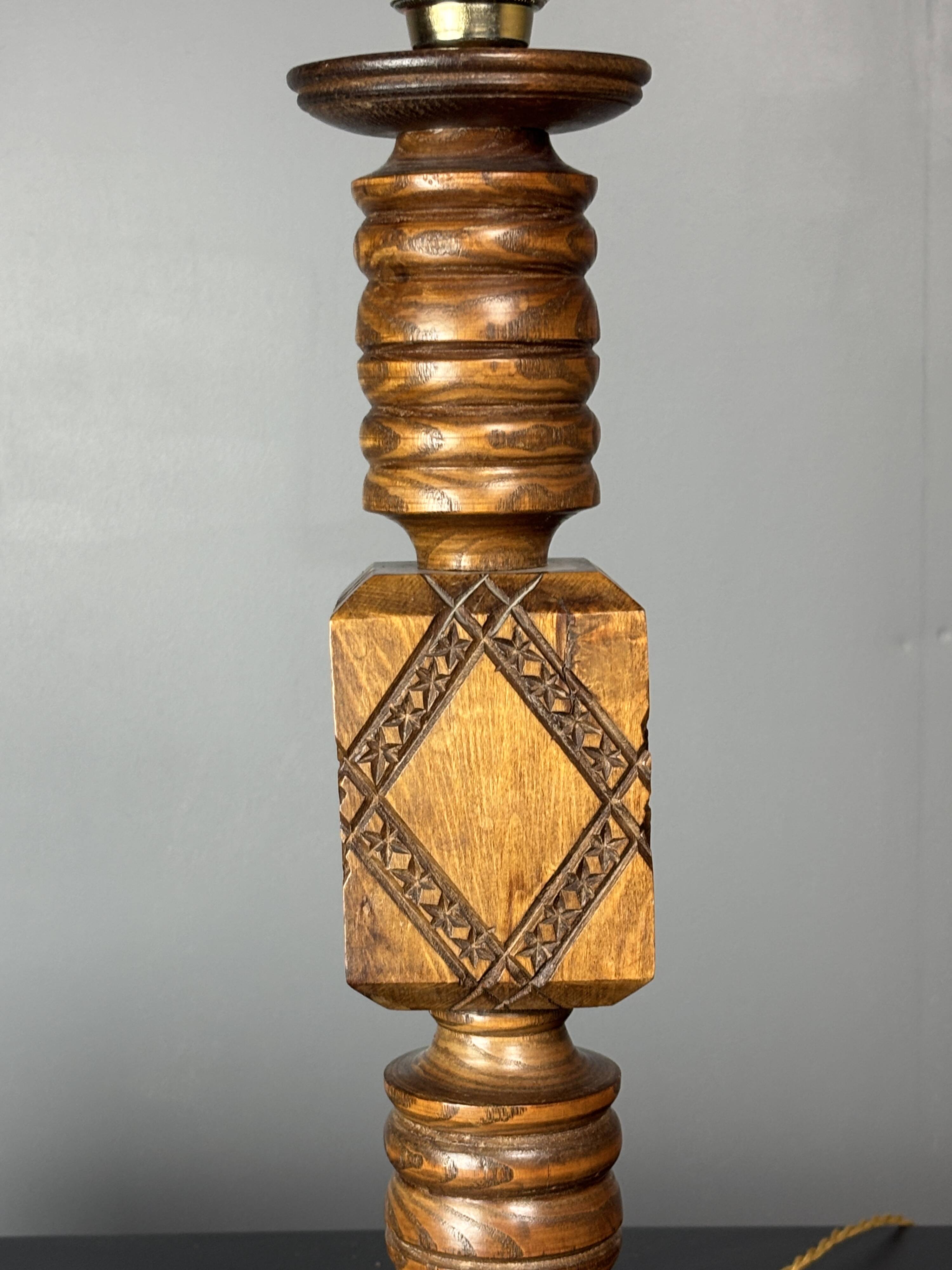 Midcentury brutalist wood turned table lamp in the style of Charles Dudouyt