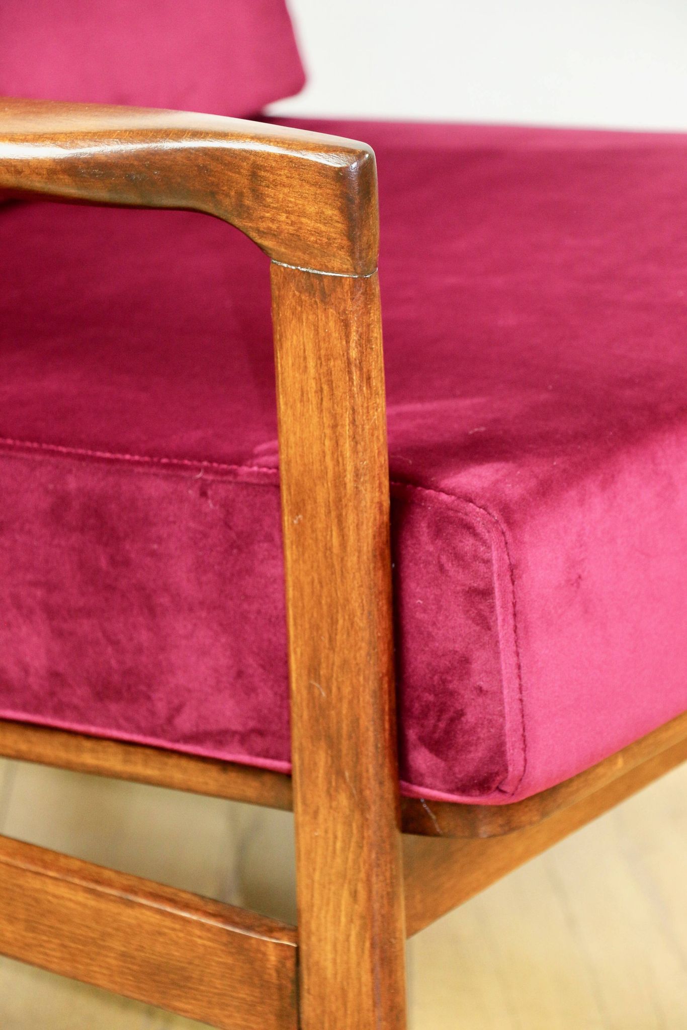Wooden vintage brown armchair, burgundy raspberry, design by Z. Bączyk - 2 pieces available
