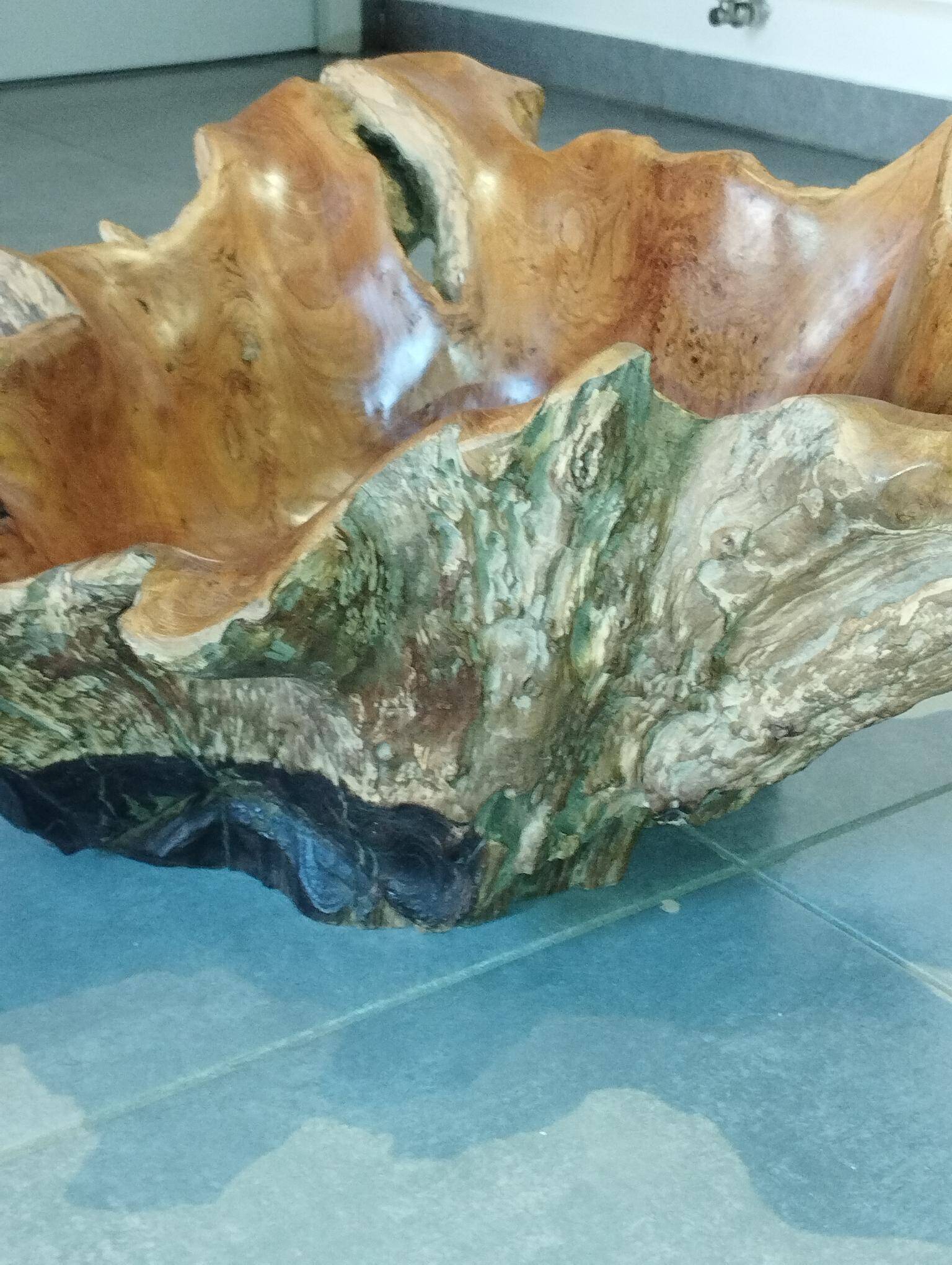 Sculptural wooden centrepiece, organic bowl, brutalist.
