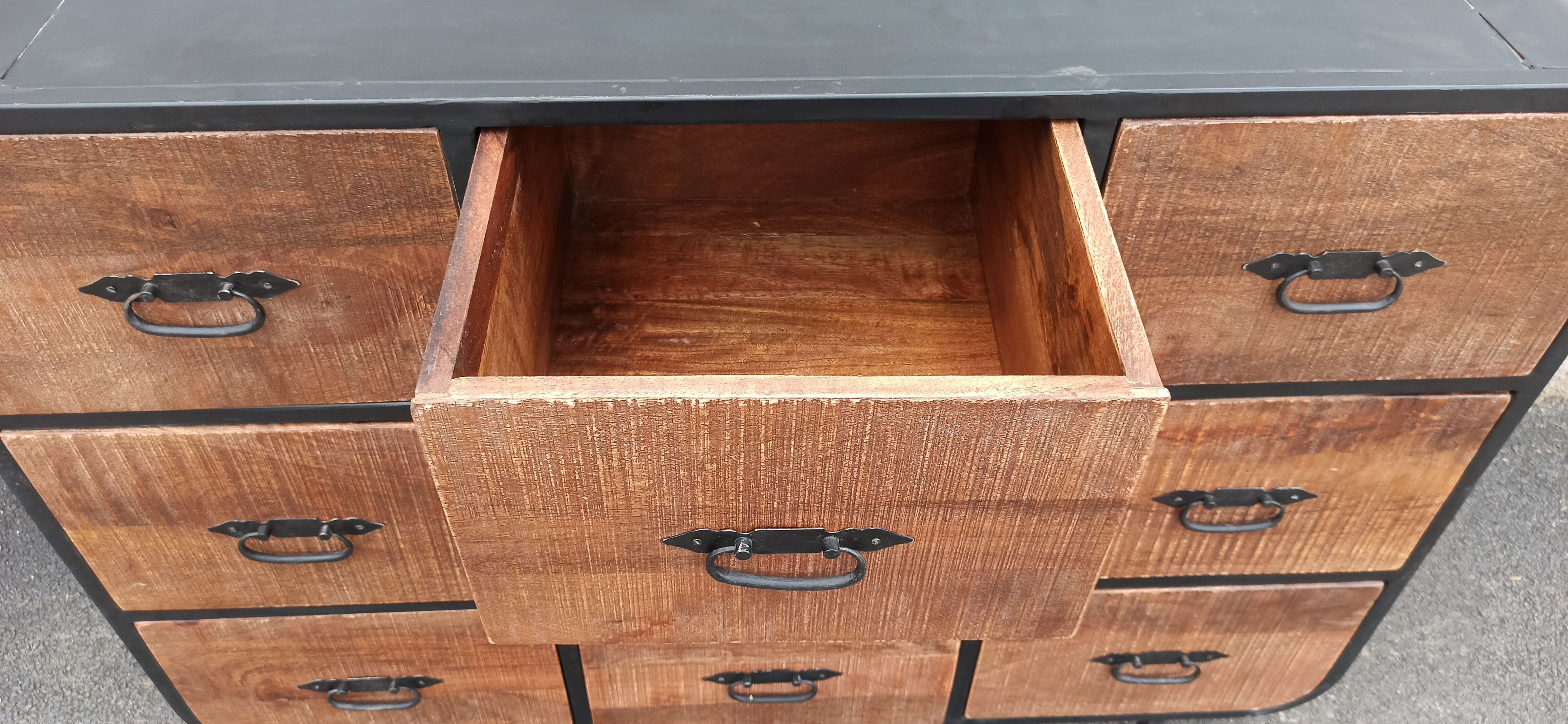 Black metal sideboard with wooden drawers