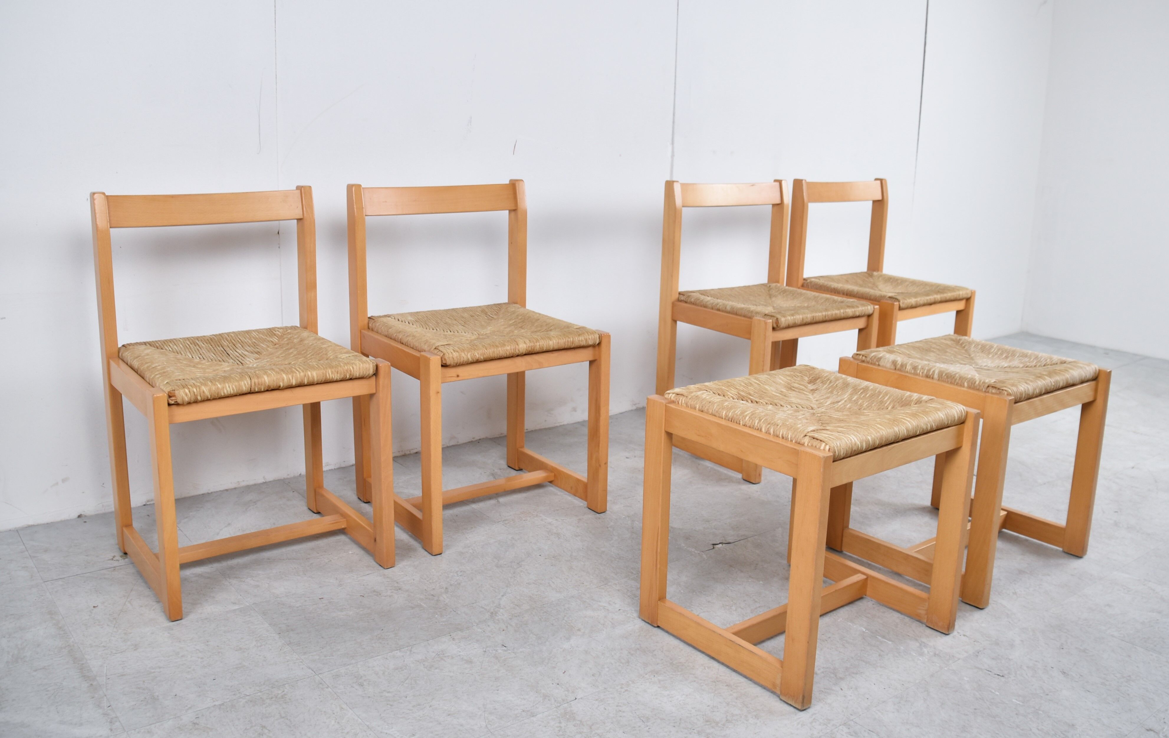 6 vintage oak and wicker dining chairs, 1960s