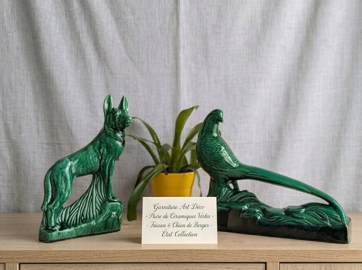 Set of green Art Deco ceramics - Large Pheasant & Shepherd Dog Vinta