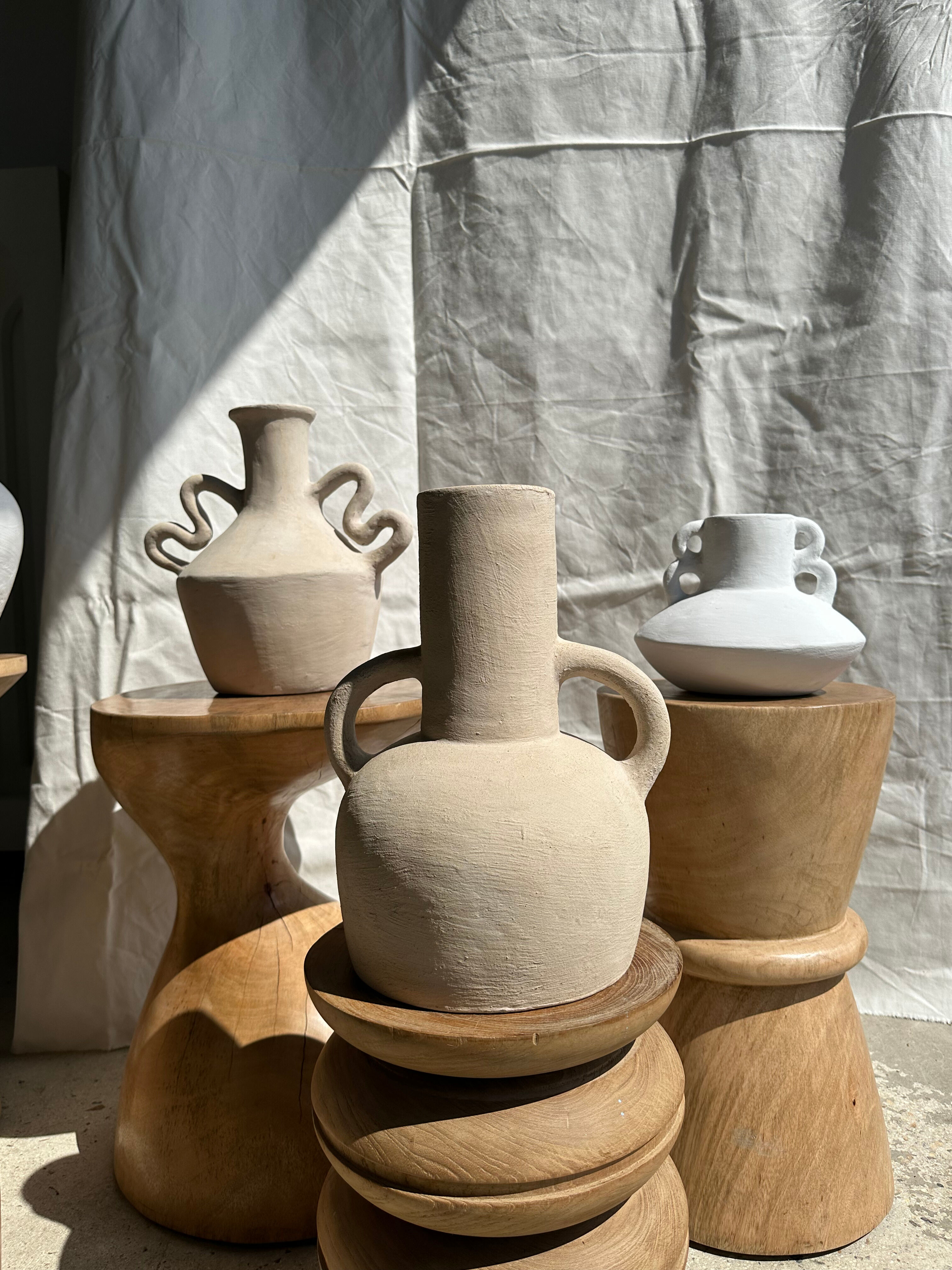 Handmade terracotta vase painted white with double handles H:16 D:20