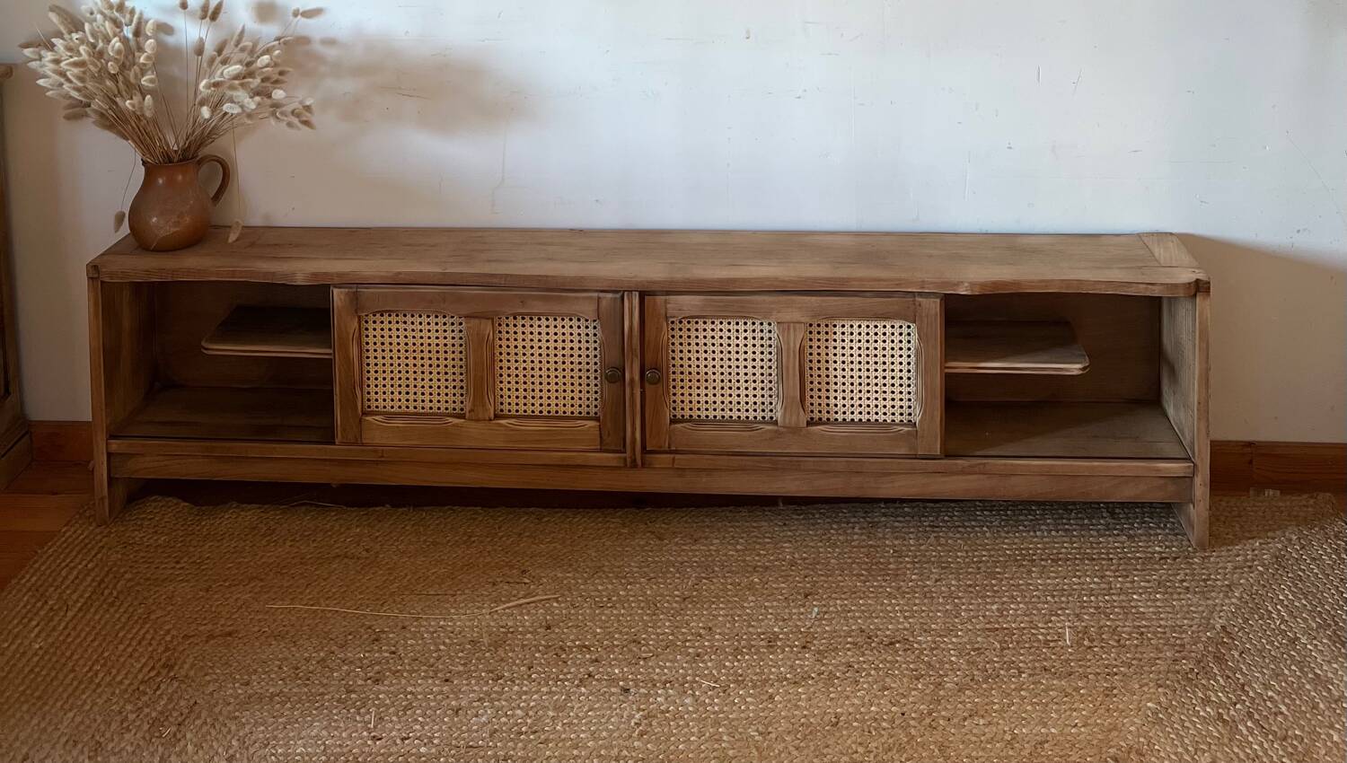 TV sideboard in raw solid oak and caning