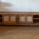 TV sideboard in raw solid oak and caning