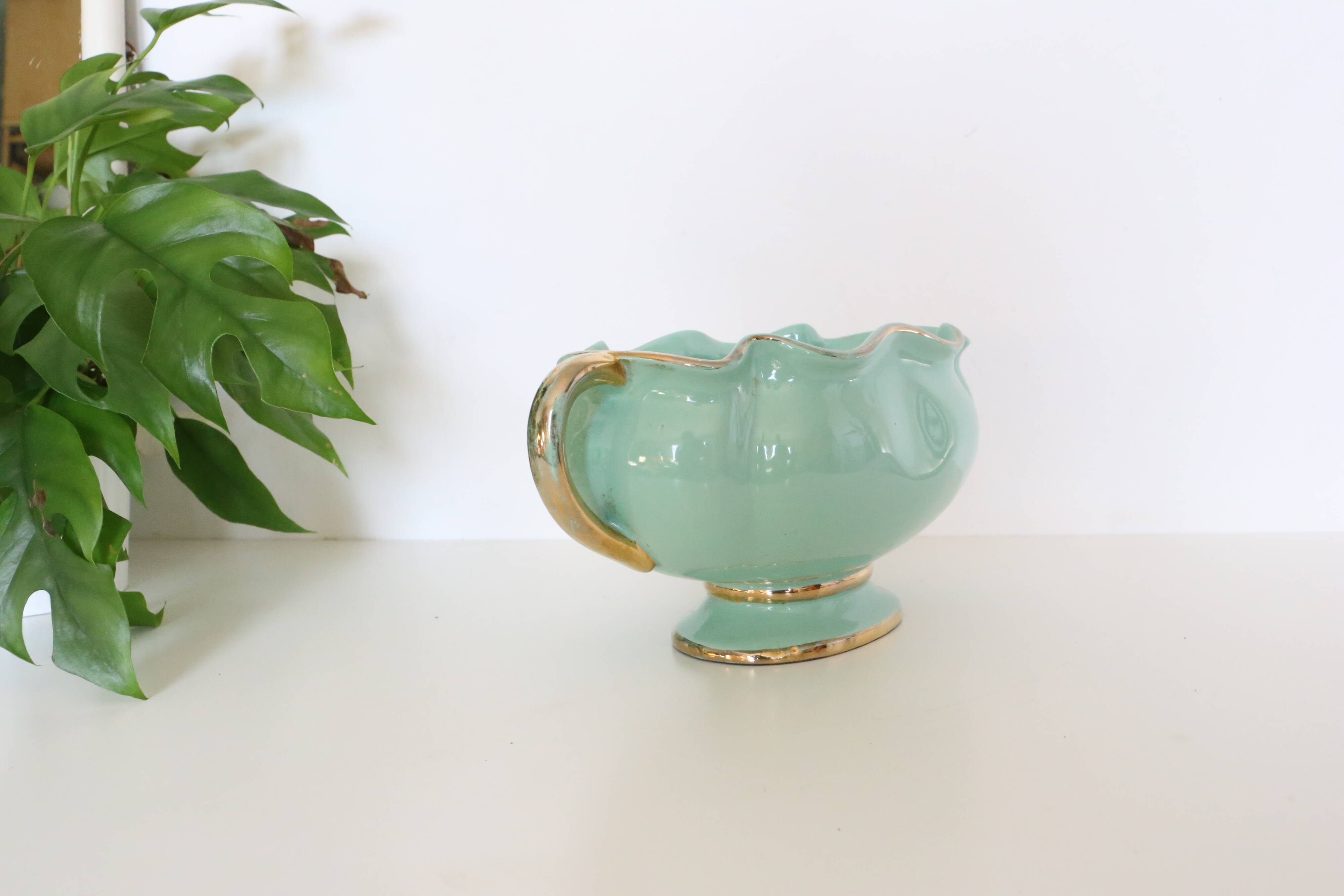 Ceramic planter, mint green, France / Vintage French