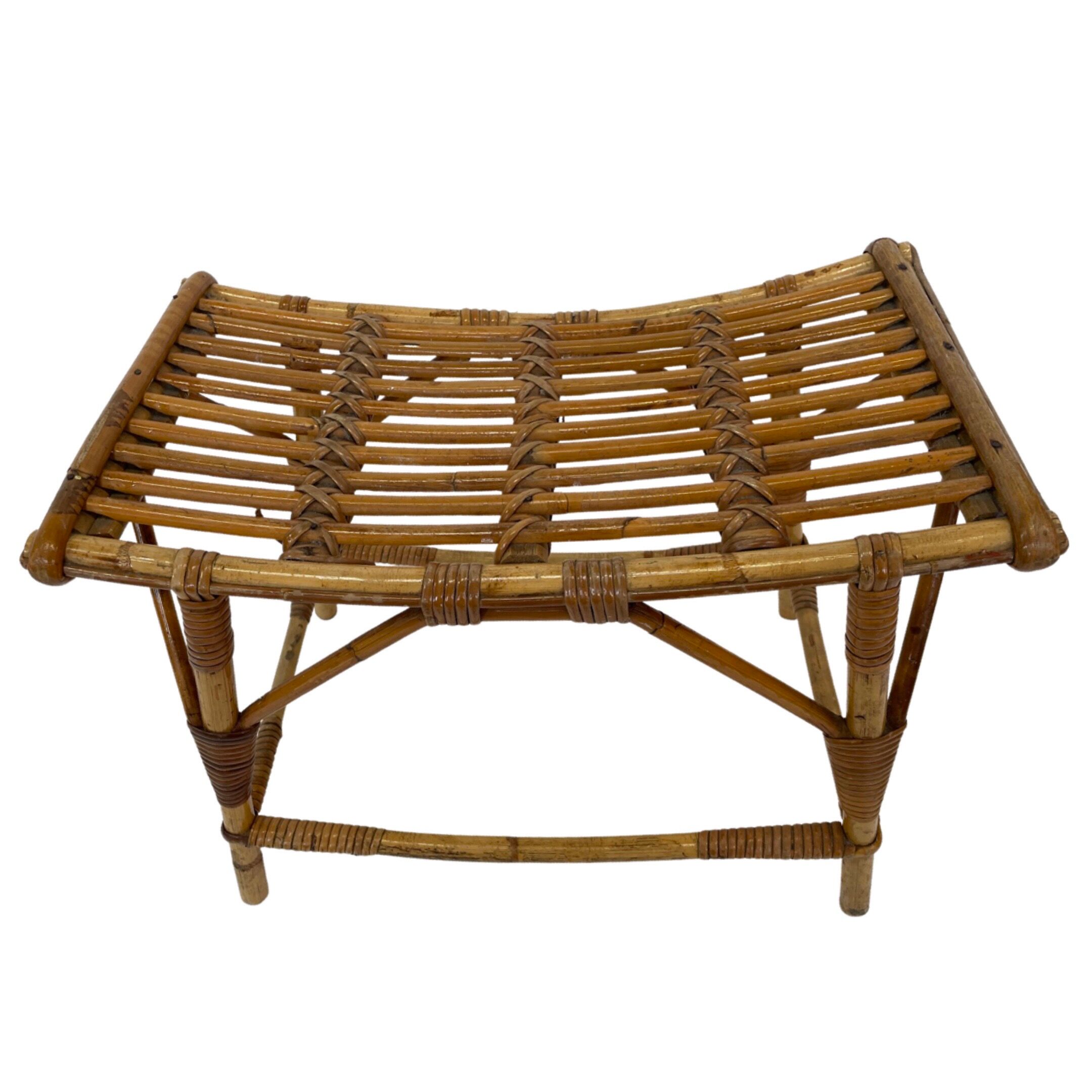 Vintage rattan bamboo footstool stool 1960s