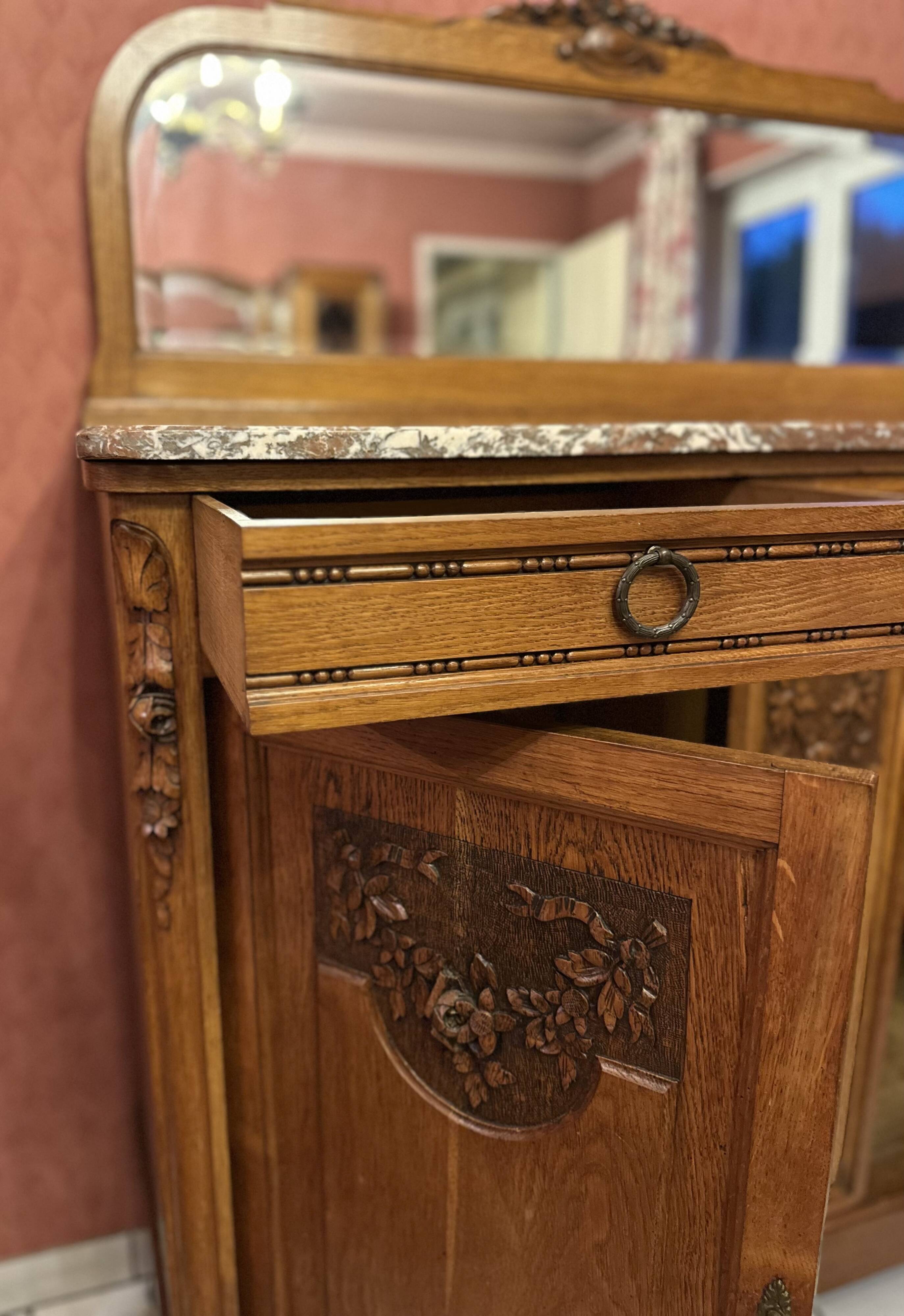 Art Deco solid wood sideboard with mirror and marble top