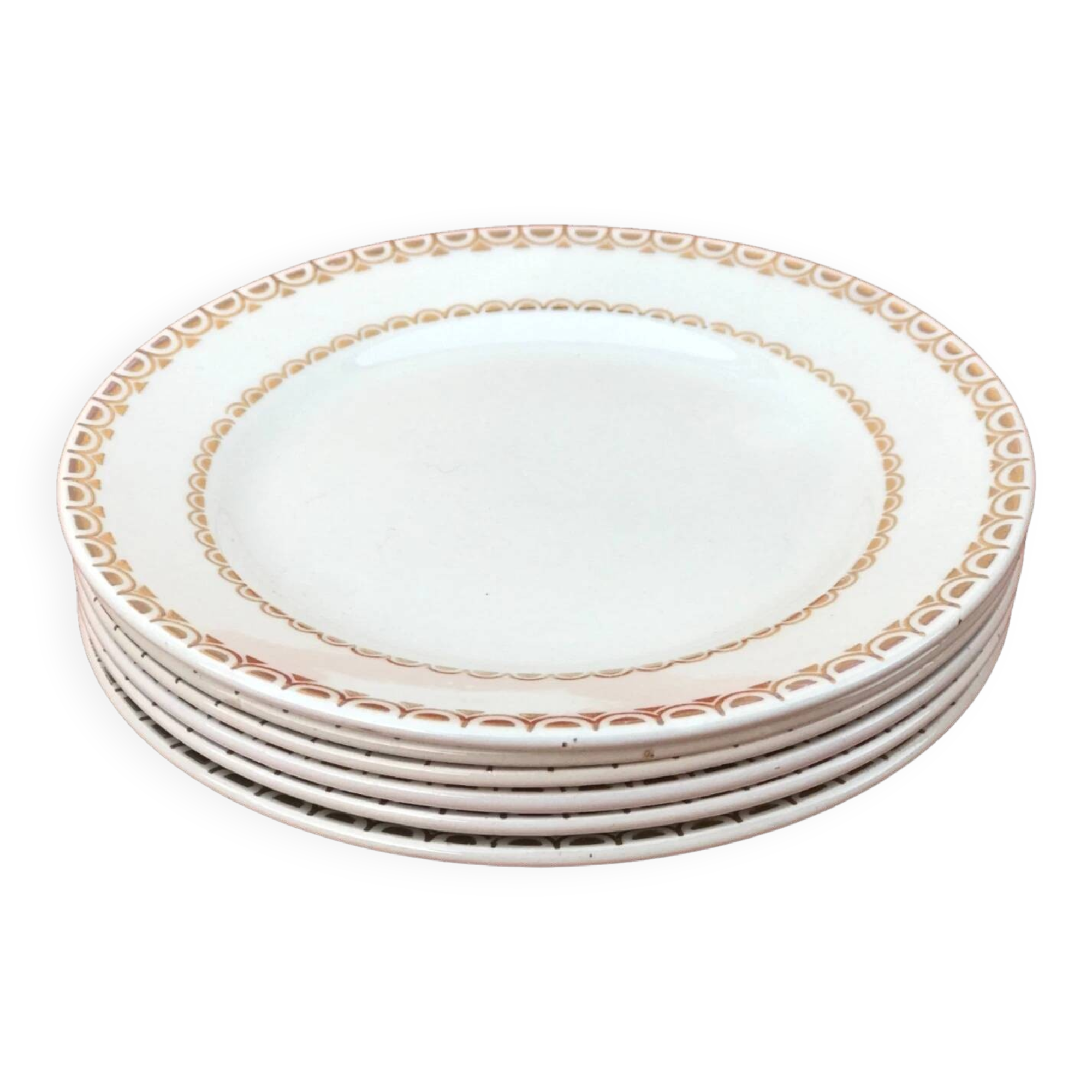 1950s set of 6 cheese/dessert plates, earthenware with gold frieze decoration.