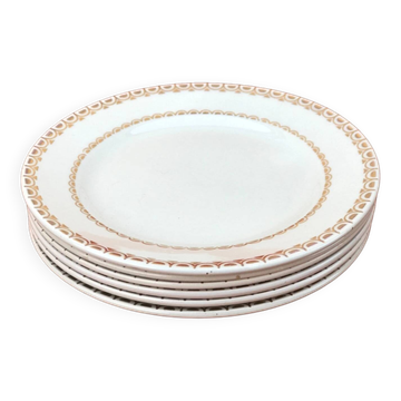 1950s set of 6 cheese/dessert plates, earthenware with gold frieze decoration.
