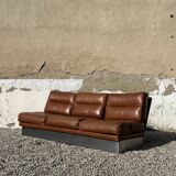 Salon complet en aluminium brossé et cuir marron, France 1970