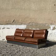 Complete vintage living room set, brushed aluminum and brown leather, France, 1970