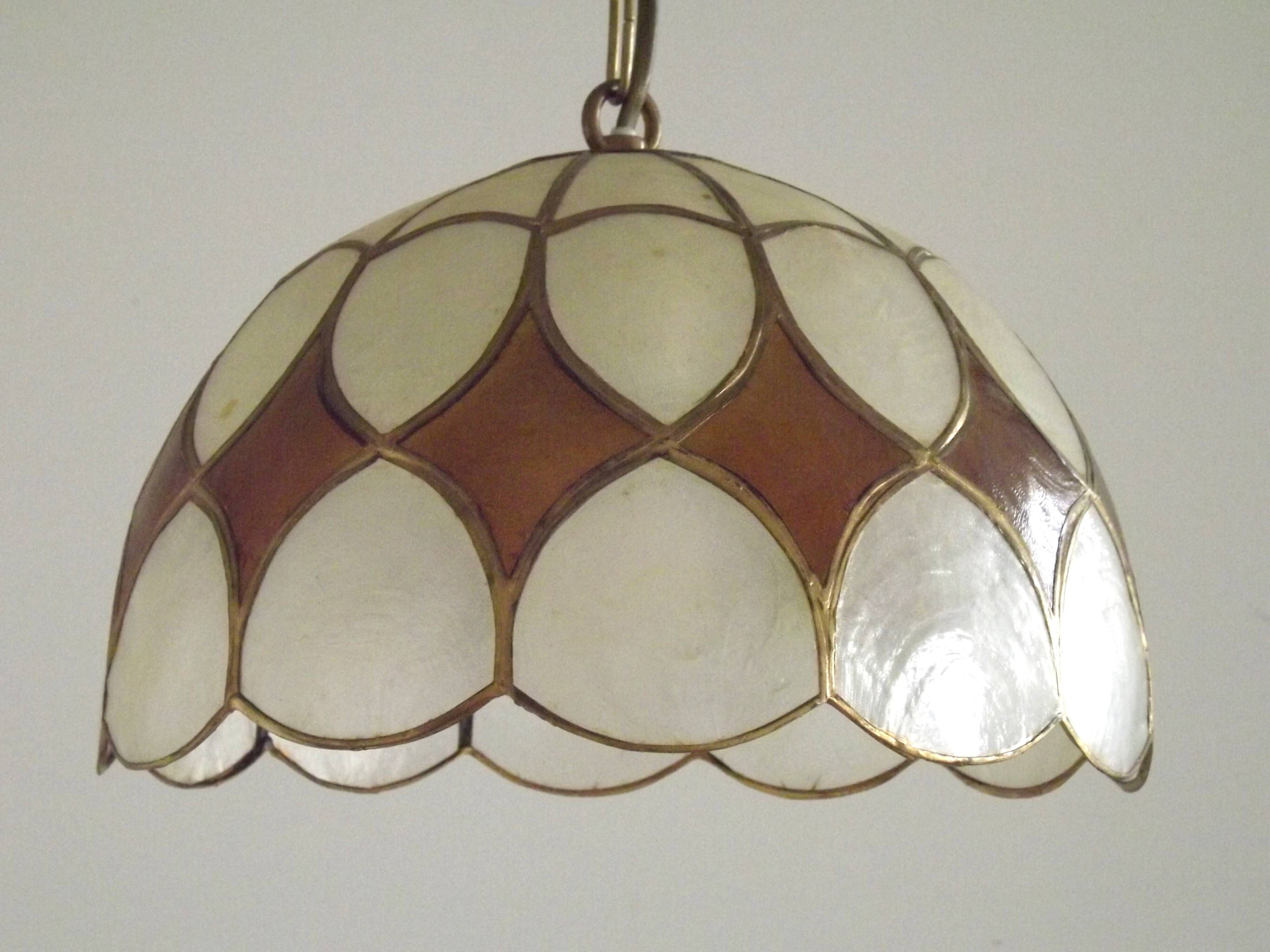 French Vintage Capiz Shell Hanging Pendant Light in Brown & White Gold Trim