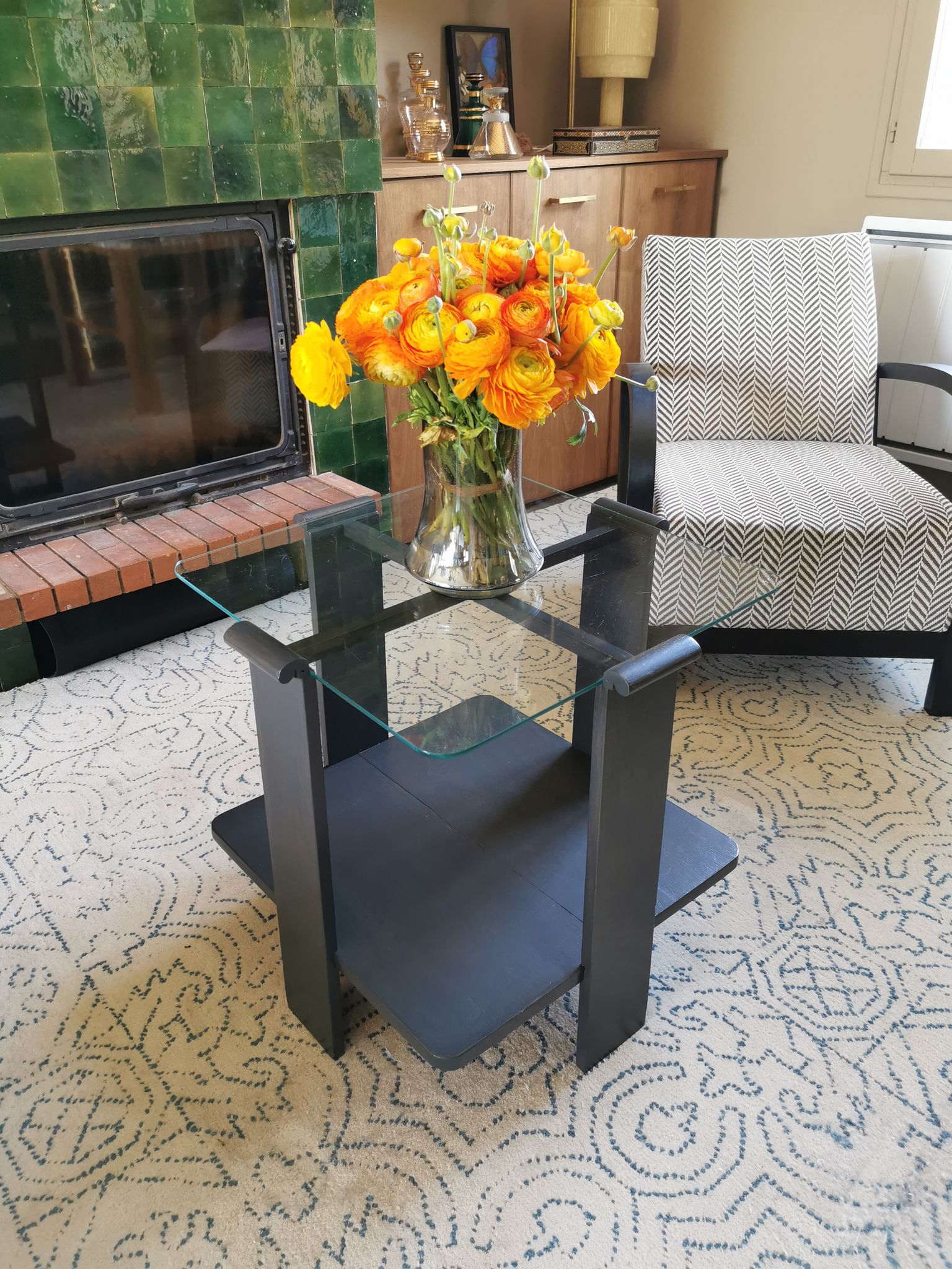Table basse art déco en bois et verre