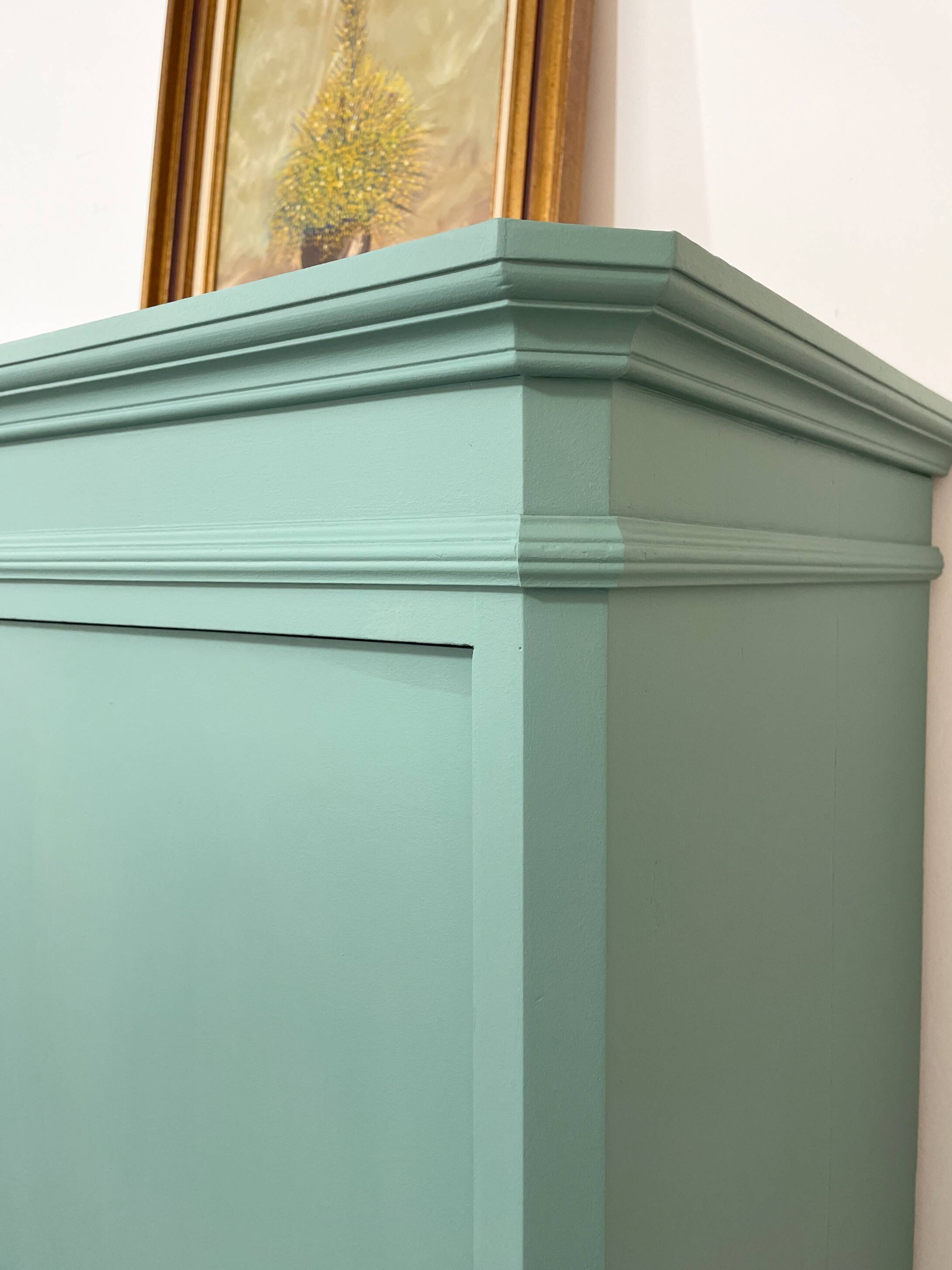 Antique solid pine wardrobe, reimagined in Celadon Green.